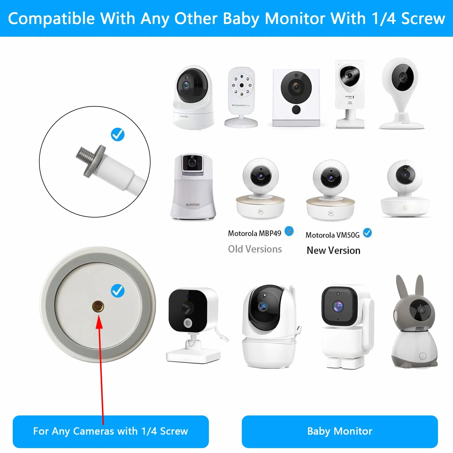 HOLACA Uniwersalny uchwyt do monitorowania niemowląt Arlo, GHB, HelloBaby, ieGeek, Momcozy, Motorola i + (1/10.2 cm) beznarzędziowy i bezśladowy klips montażowy biały