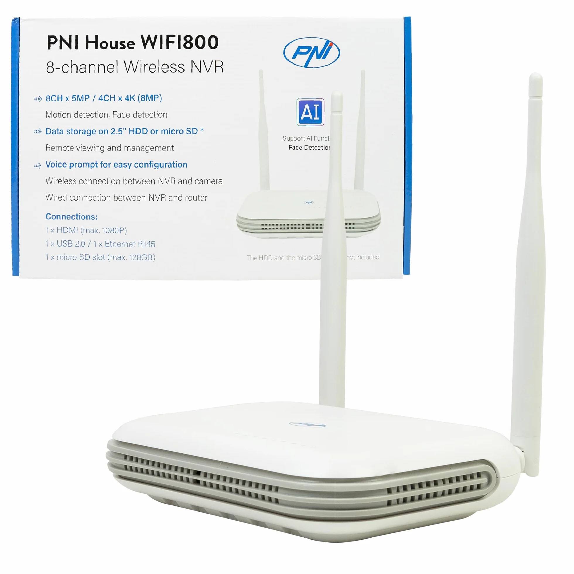 Bezprzewodowy NVR PNI House WIFI800 8 kanałów 5MP lub 4 kanały 4K 8MP komunikat głosowy