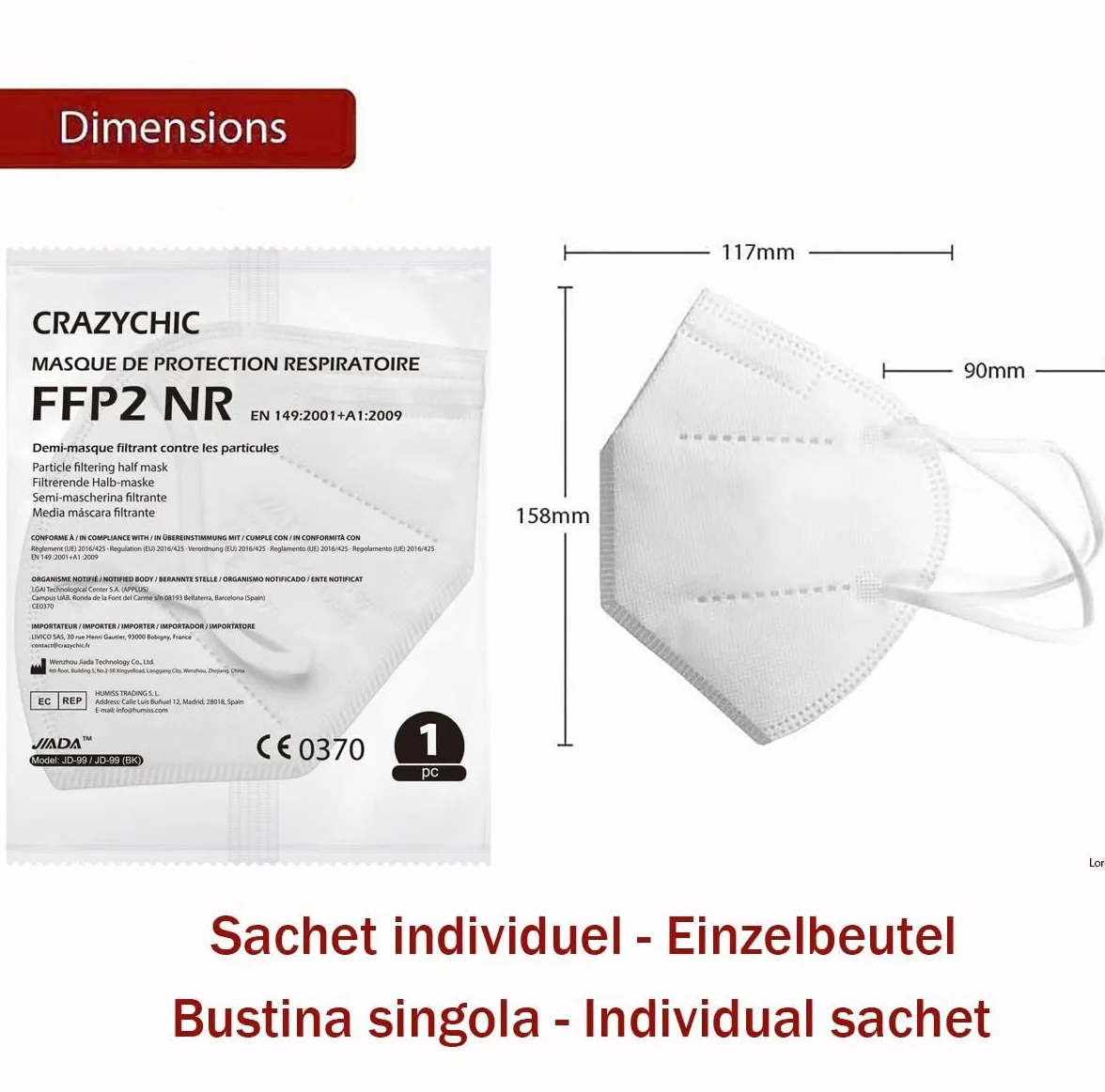 CRAZYCHIC - Maska FFP2 NR Biała Certyfikowana CE EN149 - Maseczka Ochrona Dróg Oddechowych - Wysoka Filtracja 5 Warstw - Hipoalergiczna - Indywidualne Opakowanie - Pudełko