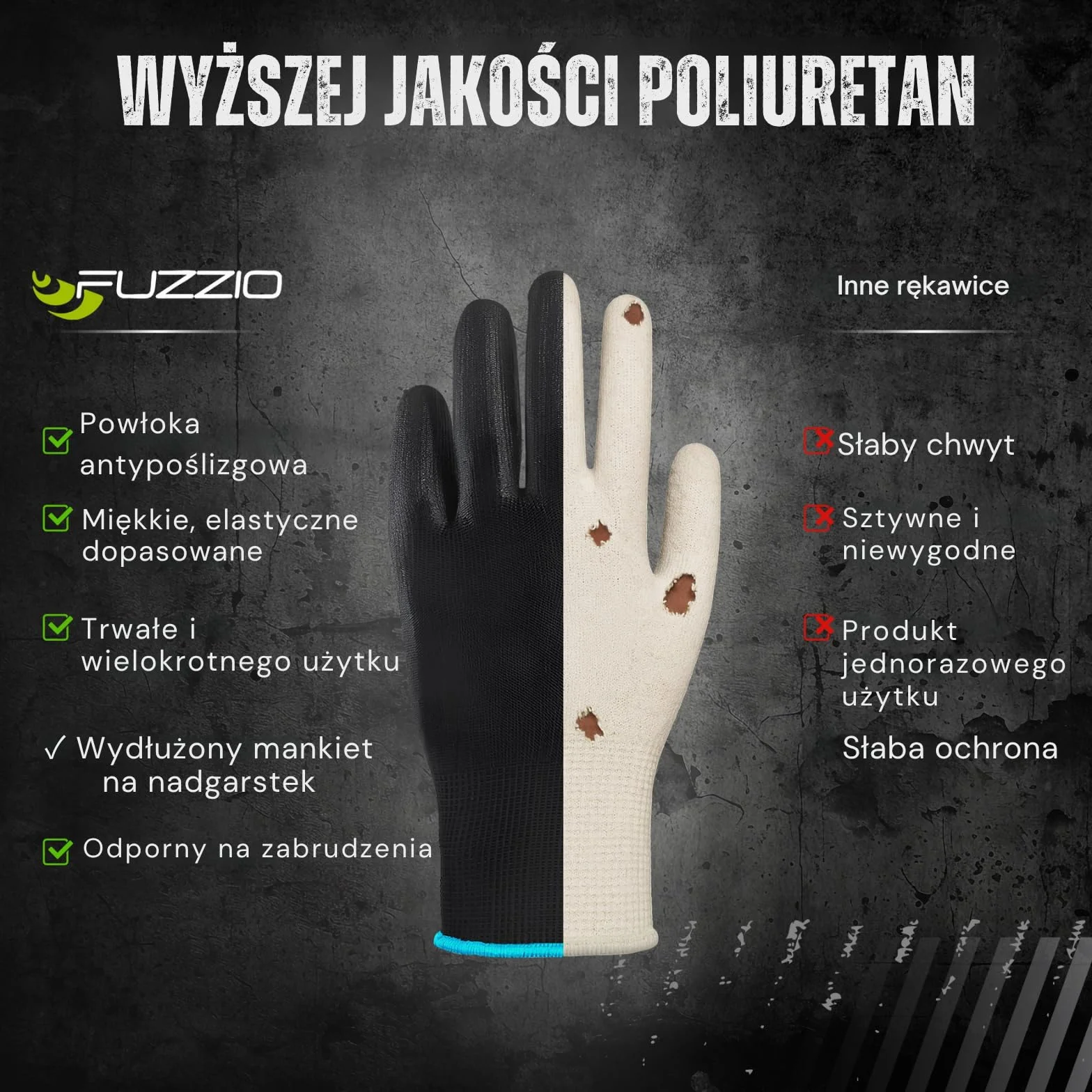 FUZZIO 24 pary rękawic roboczych powlekanych PU ogrodnictwo mechanik klips rękawica (XL - 10, czarne)