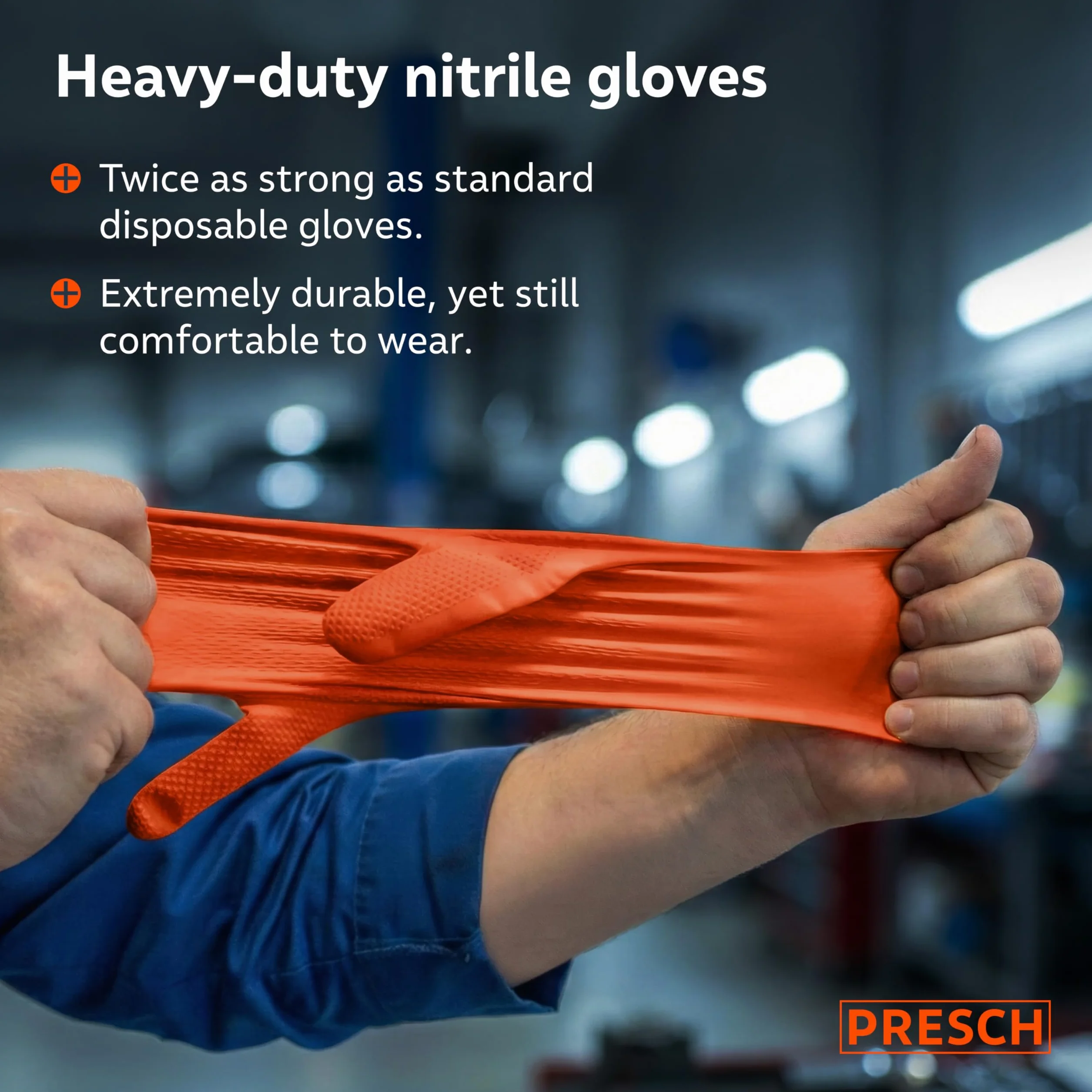 PRESCH Heavy Duty Rękawiczki jednorazowe Pomarańczowy 50szt. (M - 8) – Rękawice nitrylowe z diamentową strukturą dla dodatkowego chwytu – Bezlateks i bezpudrowe – Extra grube i odporne na rozdarcia