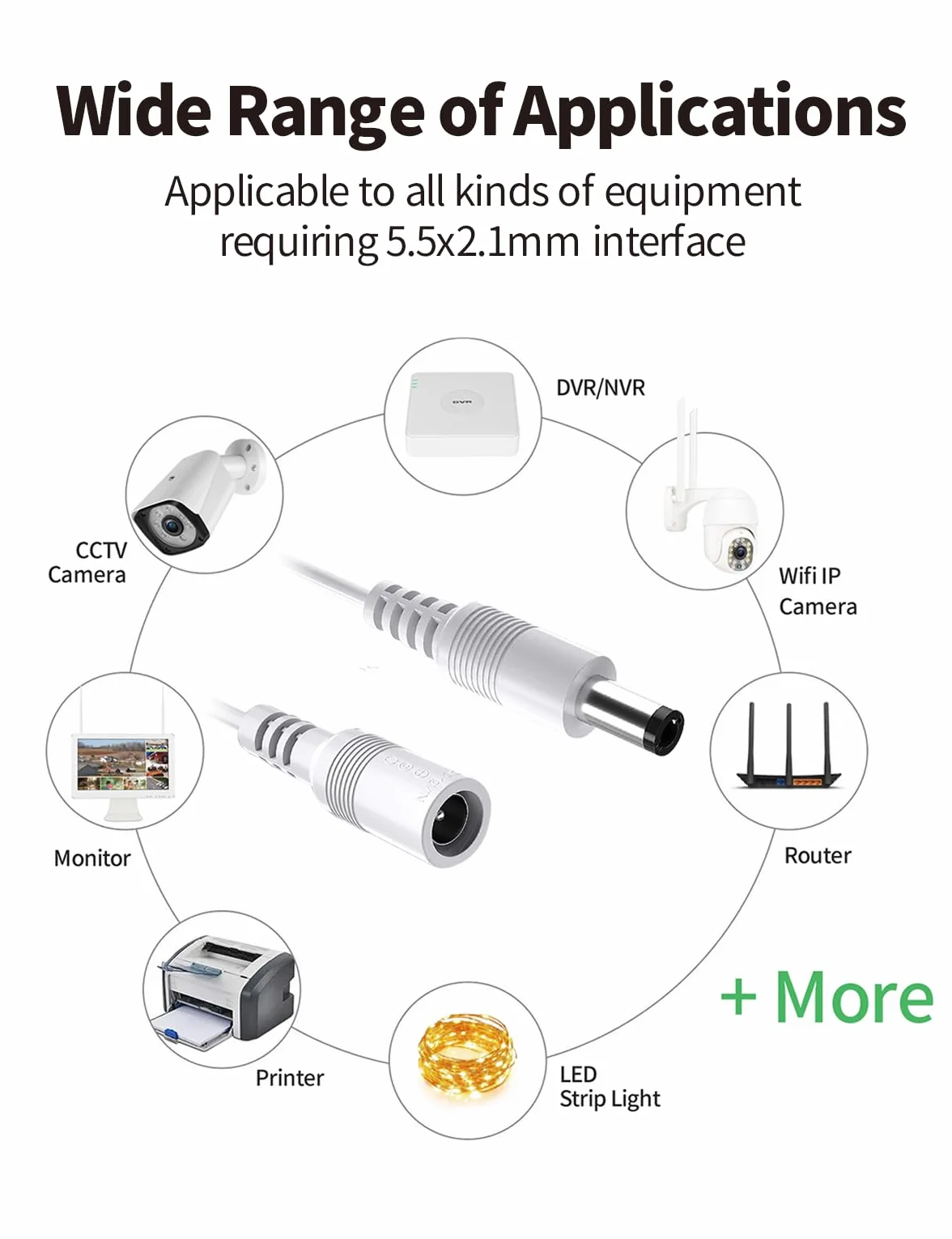 Tonton Przedłużacze 12V DC, kabel przedłużający 2,1 mm x 5,5 mm kompatybilny z zasilaczem lub ładowarką 12V DC do kamery bezpieczeństwa CCTV, kamery IP, 2Pack 5M (Biały)