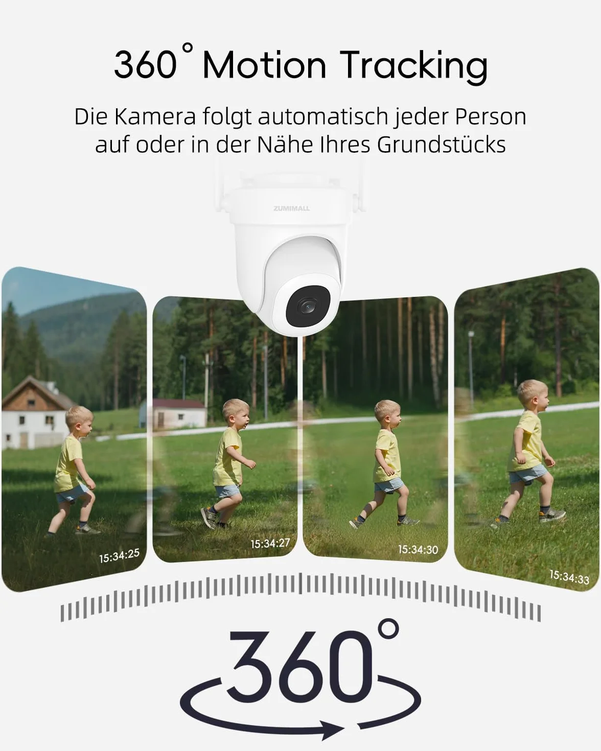 ZUMIMALL Zewnętrzna kamera monitoringowa 5G/2,4 GHz WLAN monitoring na zewnątrz, przewodowa, 355°/90° PTZ, nagrywanie 24/7, widoczność w nocy, kolorowa, pamięć w chmurze, rozpoznawanie sztucznej