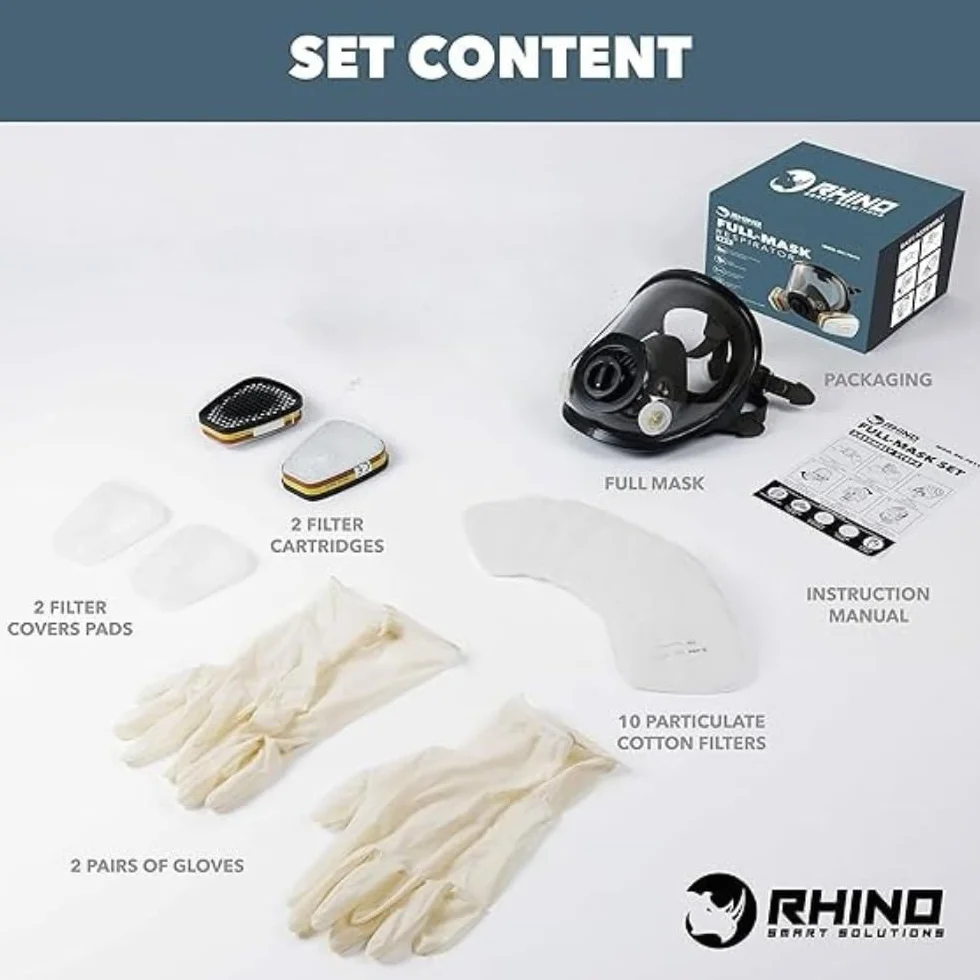 RHINO Smart Solutions Wielorazowa maska ​​gazowa chroniąca przed oparami, gazami kwaśnymi, fumigantami, farbami oraz ochrona twarzy z filtrem i rękawicami ochronnymi