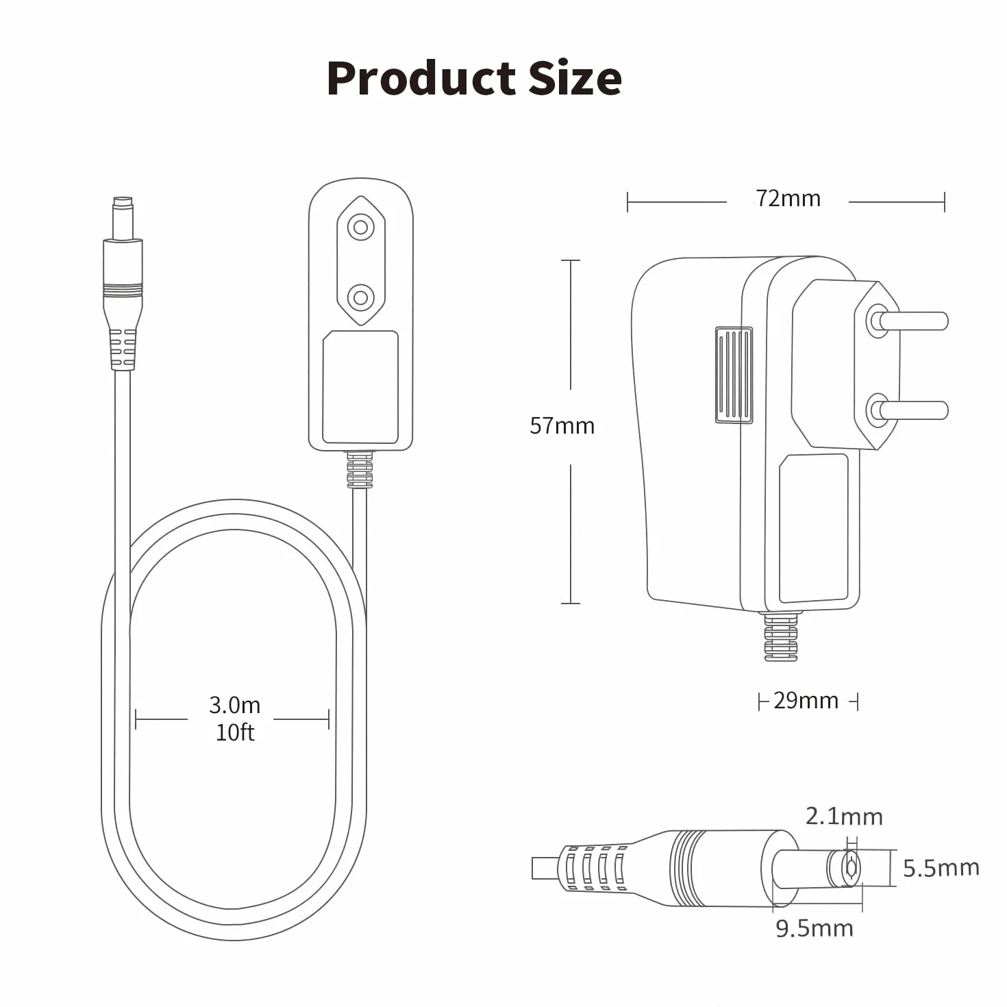 Lonnky Zasilacz Sieciowy 12V 1A z Kablem 3 m, Wtyczka DC 2,1 mm x 5,5 mm do Kamer IP, CCTV, Taśm LED, Urządzeń Audio/Wideo, Routerów, Biały