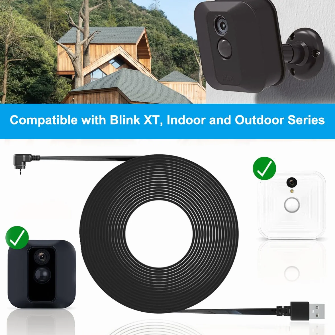 Basesailor 9M Blink XT XT2 Ladekabel mit Ladegerät,Wandadapter Stromversorgung Rechtwinkligen 90 Grad Micro USB Flach Kabel,Wasserdichtes Netzteil Stromkabel für Blink XT XT2 Indoor Outdoor 3th Kamera
