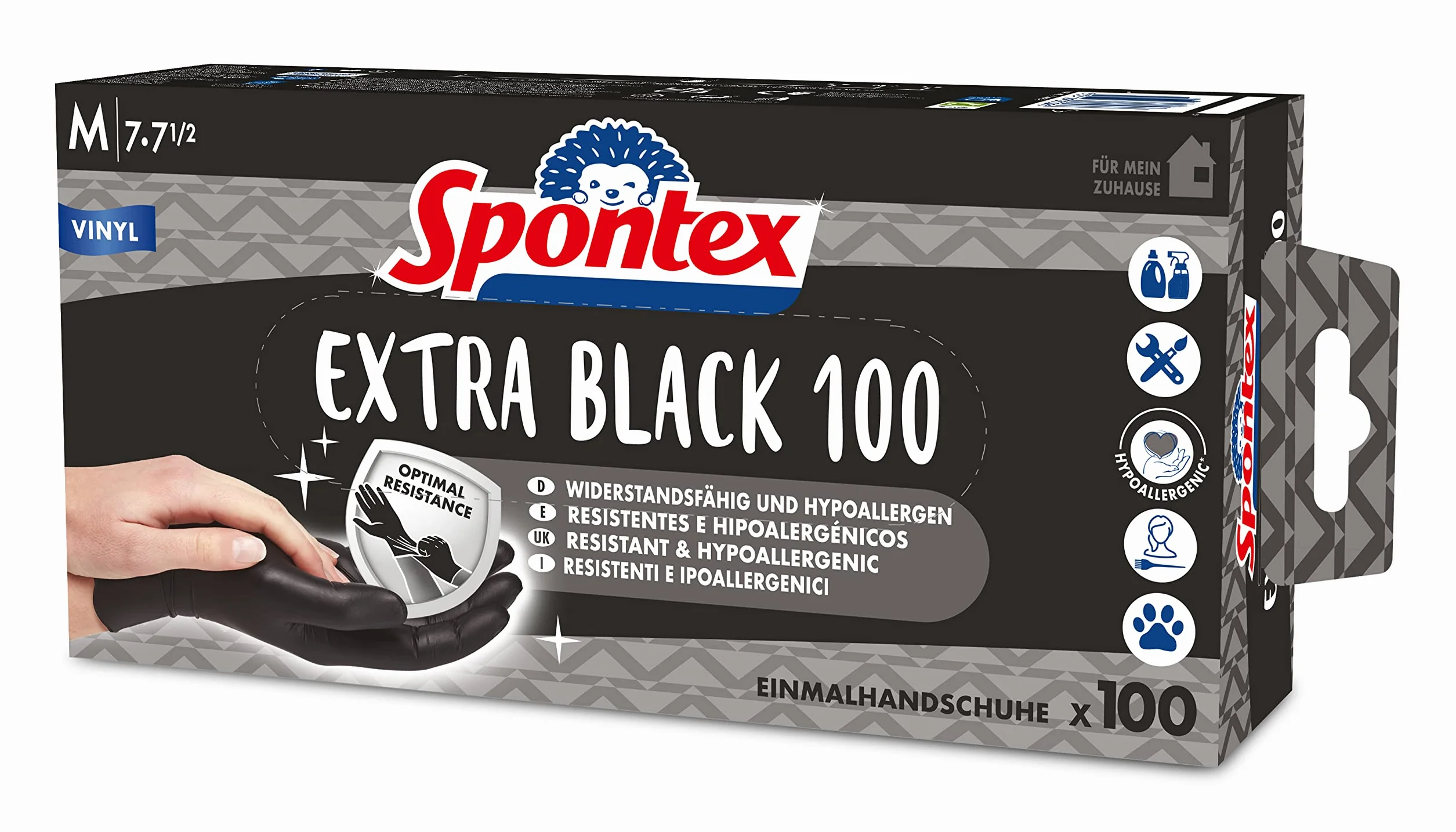 SPONTEX Extra Black jednorazowe rękawiczki z winylu, niepudrowane i nie zawierają lateksu, wszechstronne zastosowanie, w praktycznym pudełku, rozmiar M, opakowanie 100 sztuk, czarne