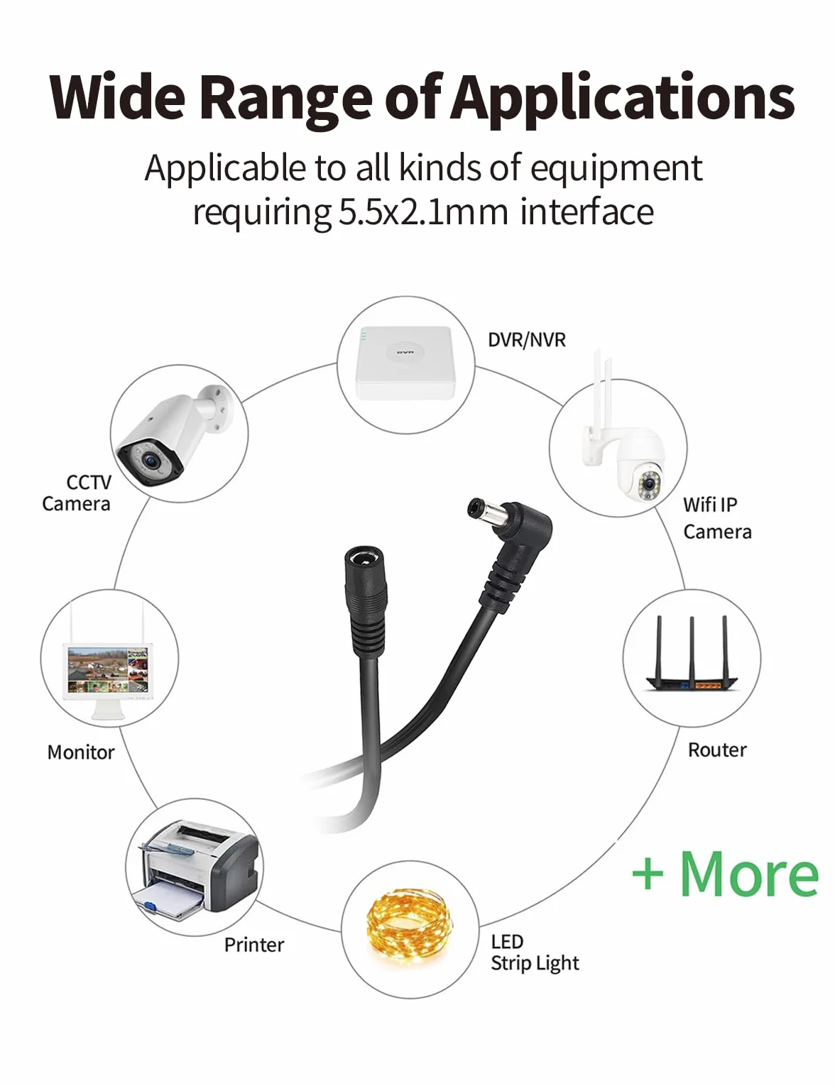 Tonton Kabel Przedłużający 0,5 m Do Kamery CCTV, Sieciowej IP, DVR, Taśmy LED - DC 5-24 V, 90 Stopni, Kształt L