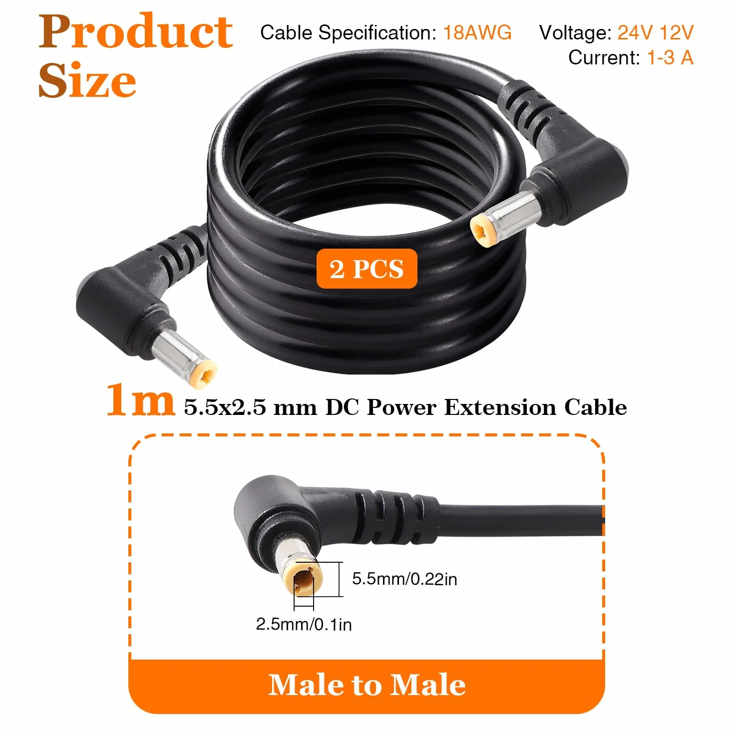 2 Sztuk 1m 18AWG 5.5x2.5 mm 24V 12V DC Przedłużacz Kabla Zasilającego, Przewód Przedłużający do Zasilania Kąt Prosty Męski na Kąt Prosty Męski, do Kamer Bezpieczeństwa CCTV, Czarny