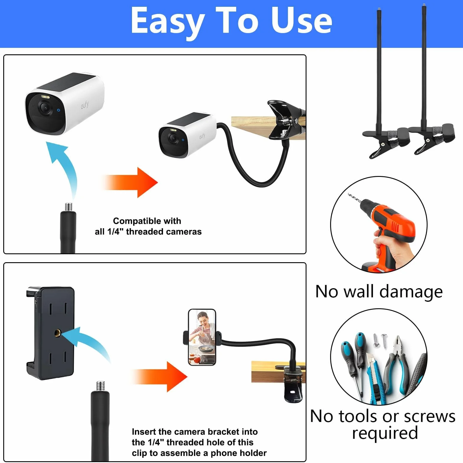 2 szt. Uchwyt na kamerę do Eufy Cam 2/2C/2Pro/2C Pro/3/3C/E40/SoloCam S220/C210/Tapo TP-Link C425, pierścień wewnętrzny z 2 klipsami do telefonu, uniwersalny metalowy uchwyt montażowy (czarny