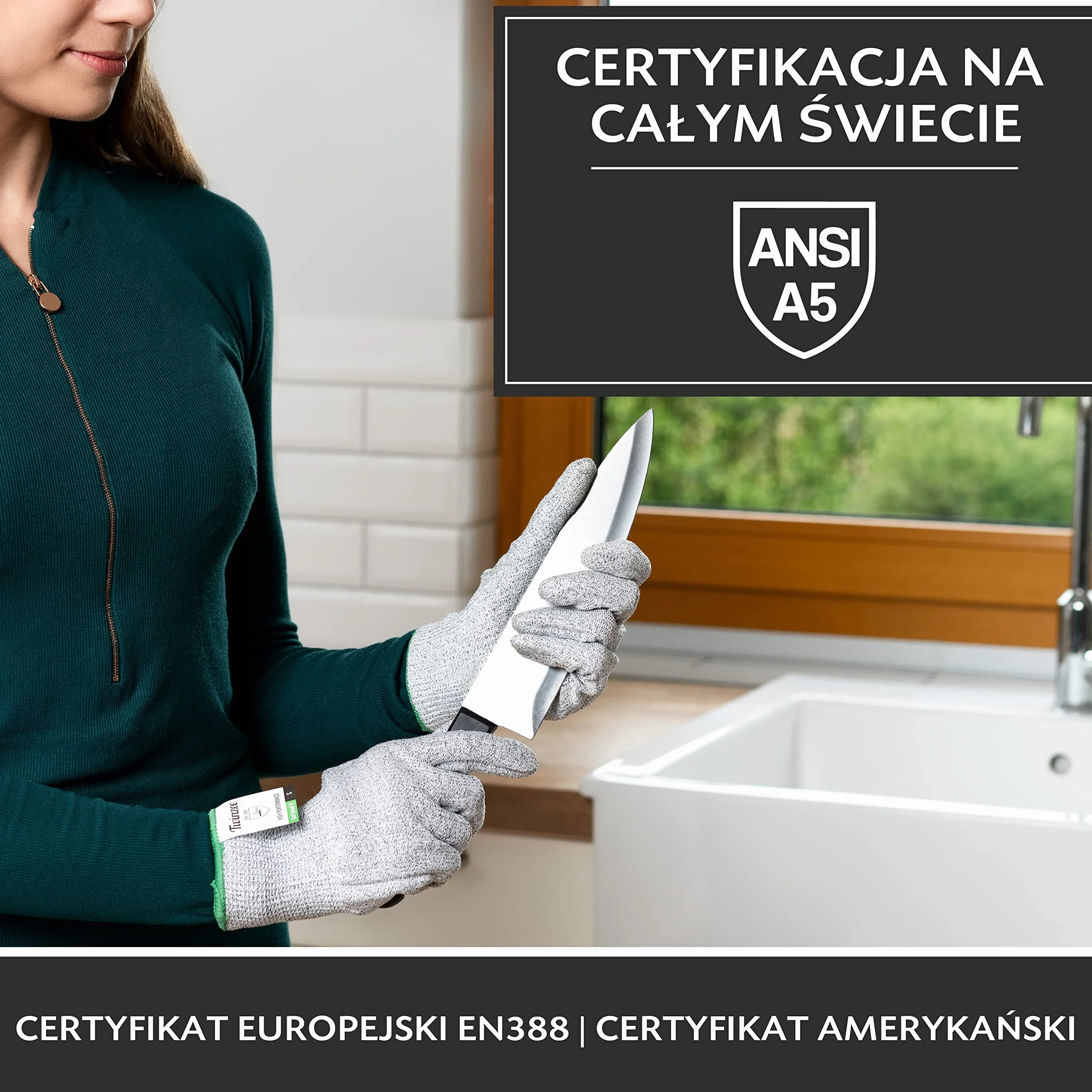 Twinzee Rękawice Chroniące przed Przecięciem Poziom Ochrony 5, Szary/Zielony, Rozmiar L