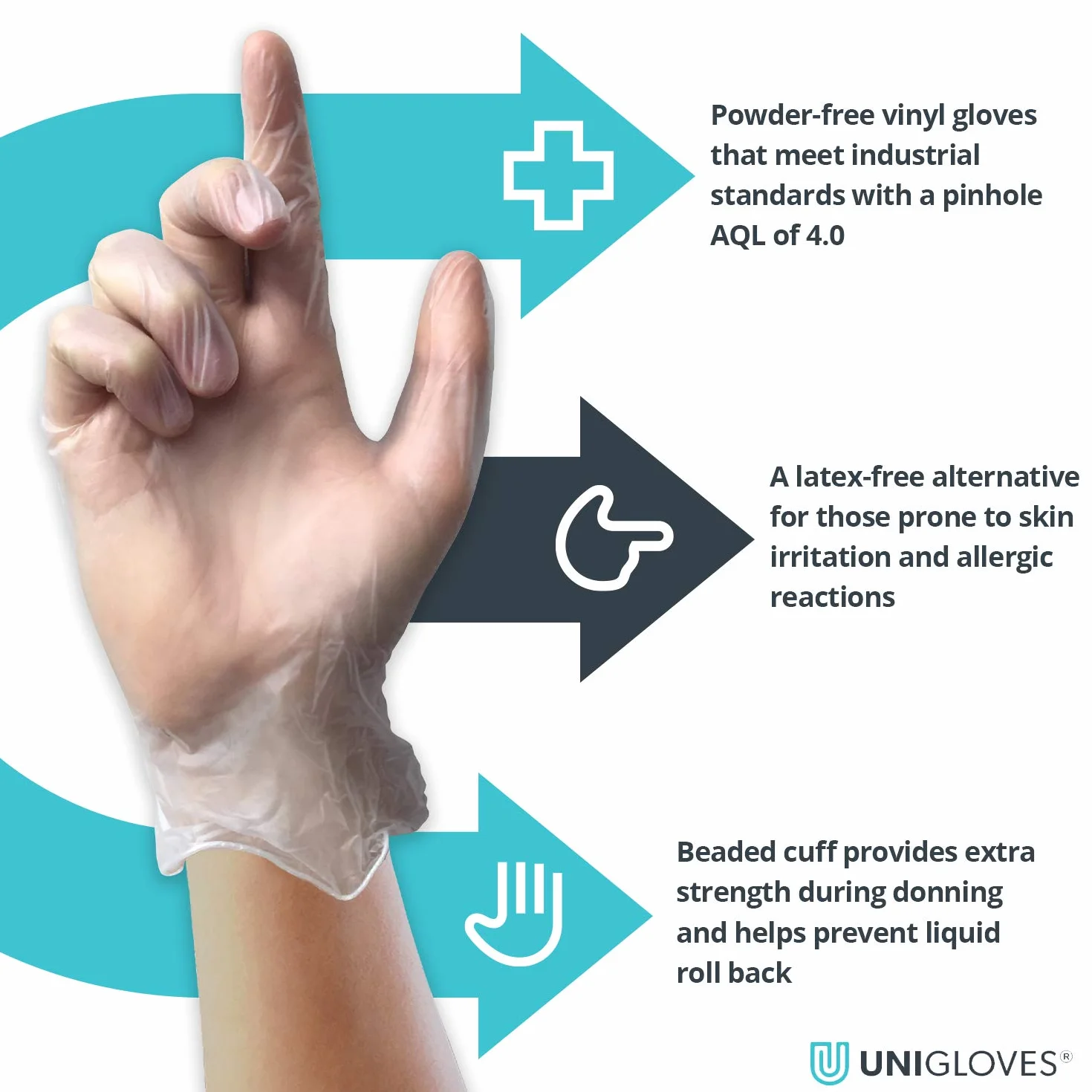 UNIGLOVES Unicare GS0064 Jednorazowe rękawiczki winylowe, wielofunkcyjne, bezpudrowe, bezlateksowe, średnia waga, przezroczyste, 100 sztuk, rozmiar L