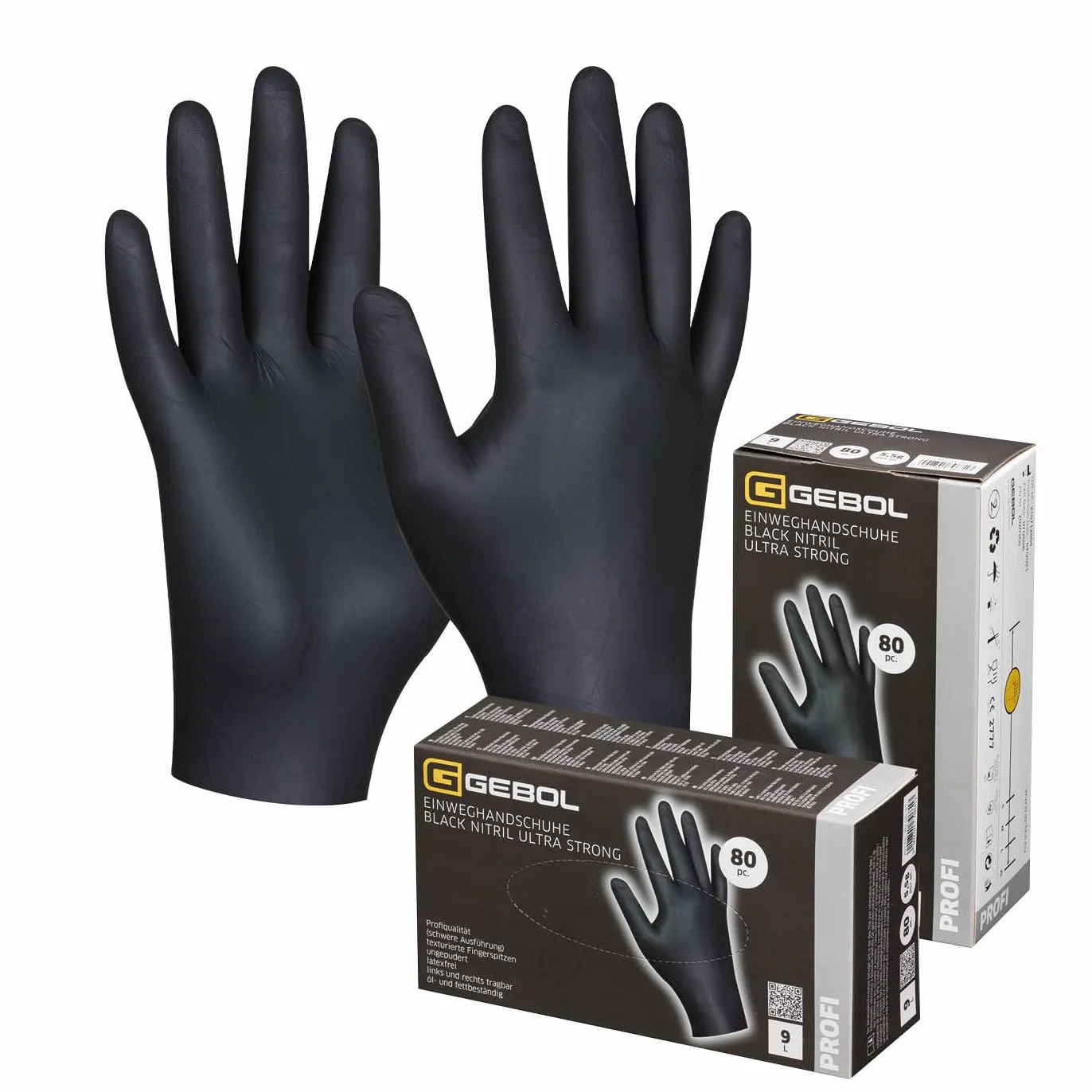 Gebol Black Nitril Ultra Strong bez talku, 80 sztuk, rozmiar M (rozm. 8), jednorazowe rękawiczki premium o idealnym dopasowaniu, wodoodporne, praktyczne rękawice nitrylowe, dla kobiet i mężczyzn,