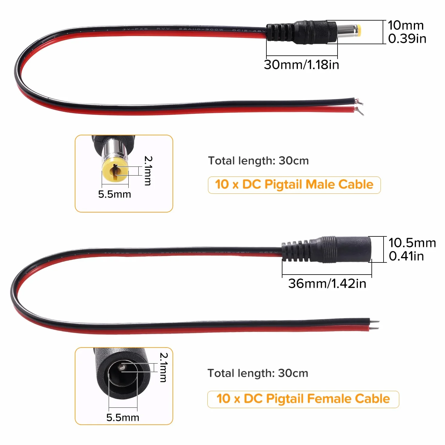 10 Par 5.5x2.1 mm DC Pigtail Męski Żeński Kabel, 12V DC Złącze Kablowe z Kablem 22 AWG, do Paska LED Kamery CCTV