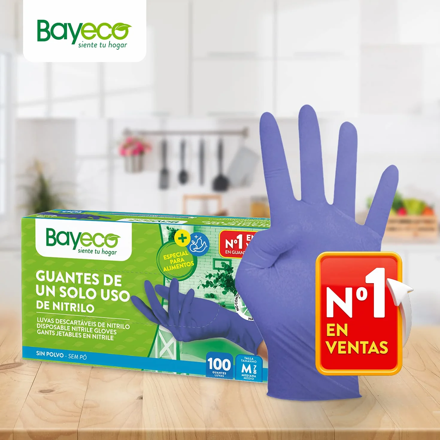 Bayeco - Disposable Nitrile Gloves - Blue - Environmentally Friendly - Rolled Edge - Textured Fingers for Better Grip - Pack of 100 - Dispenser Pack - Size M