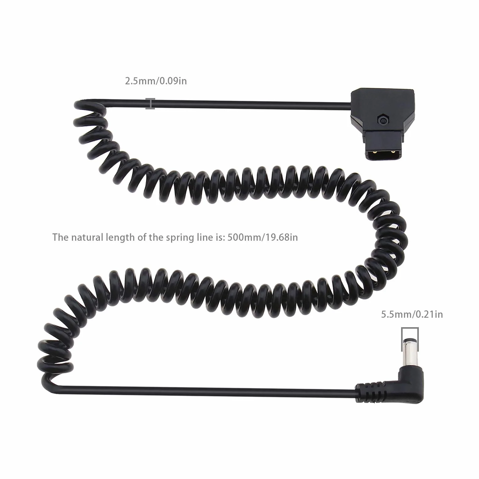 D-TAP 2-biegunowy męski na DC 5,5 x 2,1 mm złącze kątowe spirala kabel zasilający 50 cm do aparatu cyfrowego BMCC BMPCC 4K czarny
