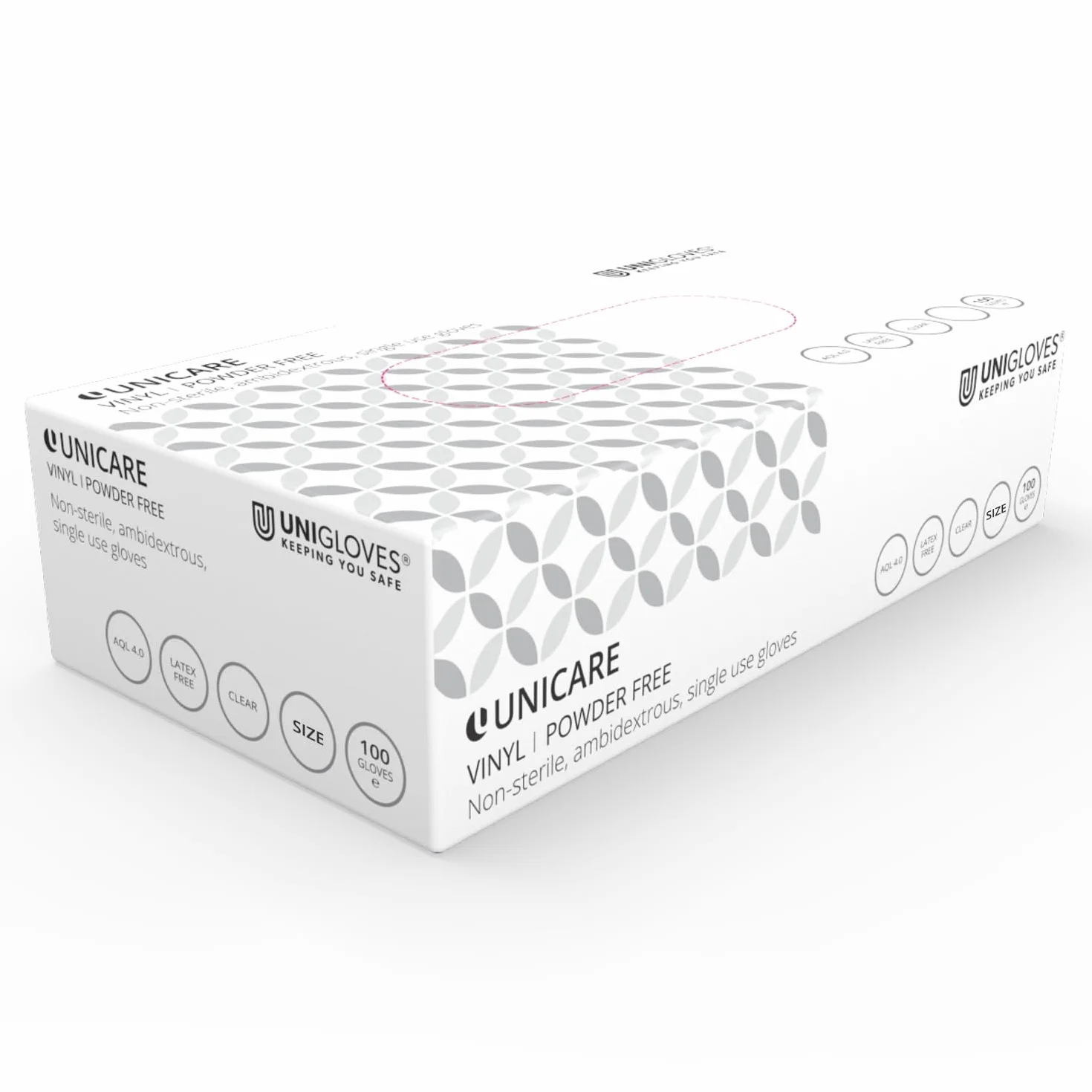 UNIGLOVES Unicare GS0064 Jednorazowe rękawiczki winylowe, wielofunkcyjne, bezpudrowe, bezlateksowe, średnia waga, przezroczyste, 100 sztuk, rozmiar L