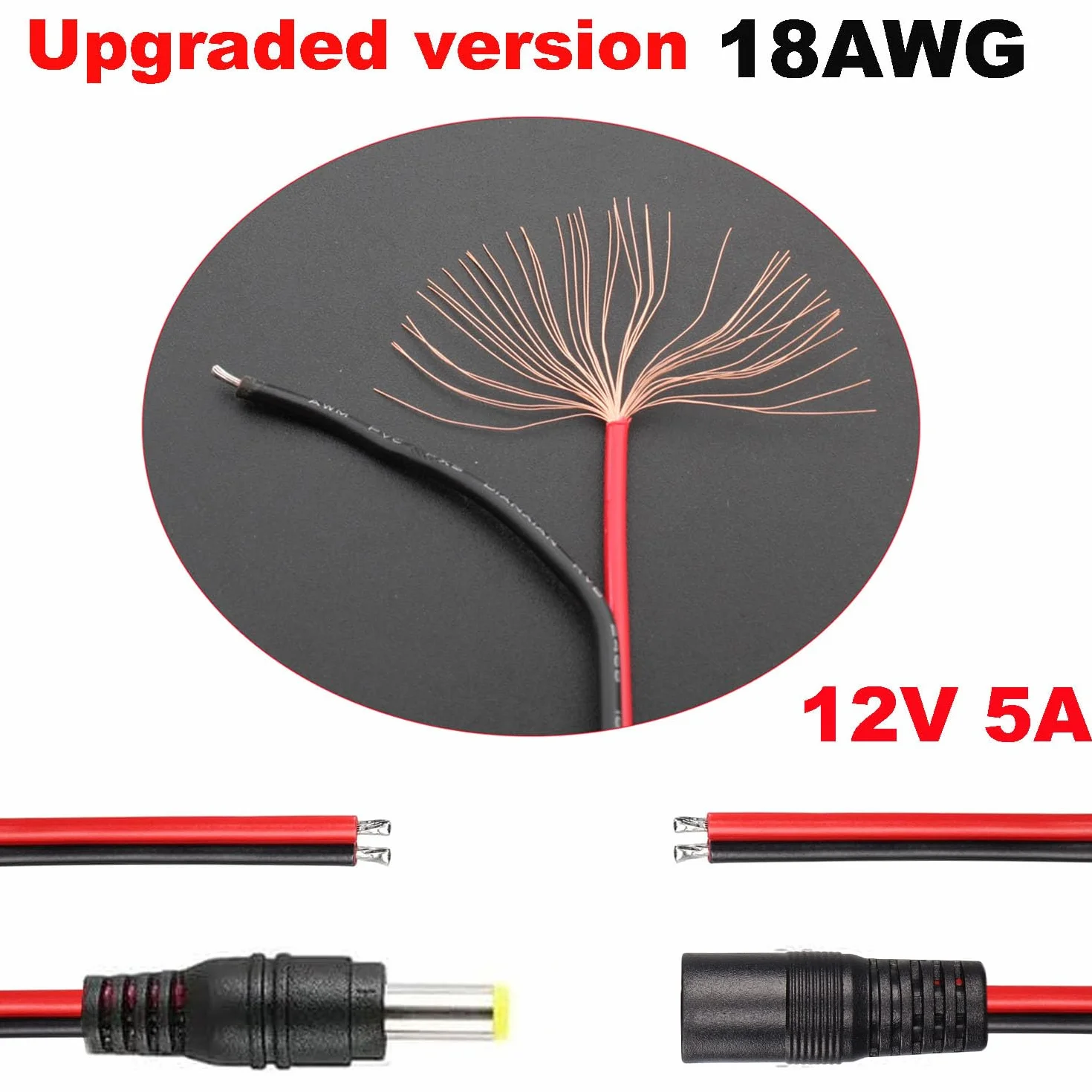 RUNCCI-YUN 20 sztuk 5,5 x 2,1 mm męski kabel do pigtail DC, 12 V, 5 A DC Pigtail Connector, 18 AWG, złącze 5,5 x 2,1 do kamery, CCTV, DVR, systemu LED
