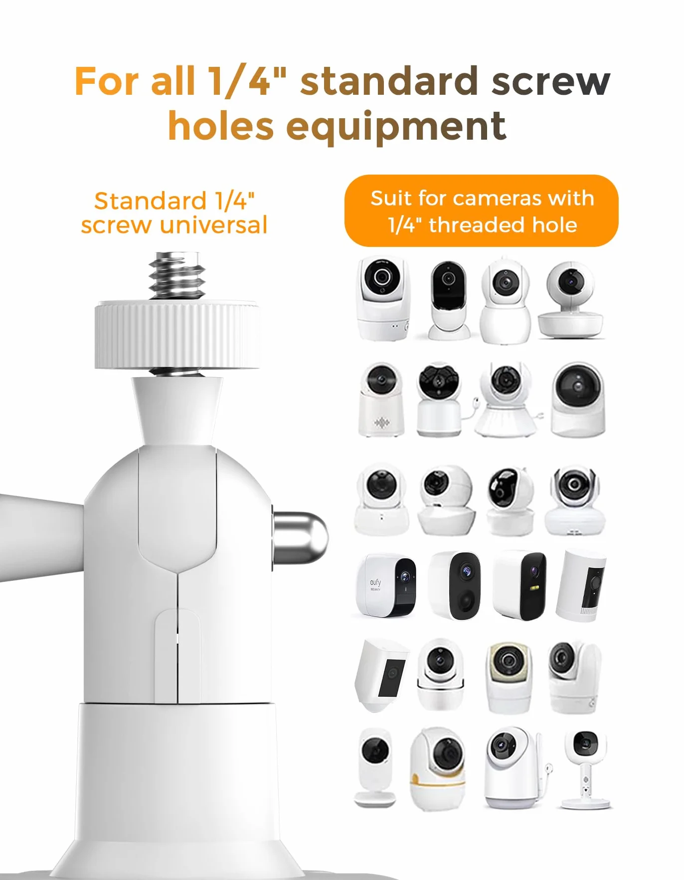 Uchwyt ścienny kompatybilny z Eufycam 1/2/2C/2C Pro/3/3C/E & Arlo Pro 2/3/4/Ultra/Essential, 2 sztuki, regulowany uchwyt kamery bezpieczeństwa 360°, do użytku wewnątrz i na zewnątrz, biały, gwint 1/4"