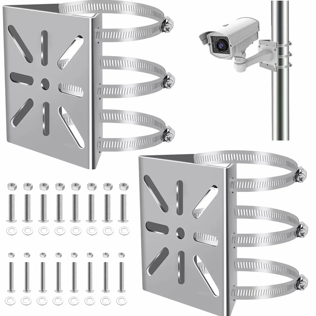 2 zestawy uchwytów na maszt do kamery monitoringu, pionowy uchwyt na drążek, mocowanie kamery, stal nierdzewna, uchwyt narożny z 6 regulowanymi zaciskami 20 cm do kamer CCTV, uchwyt ścienny na