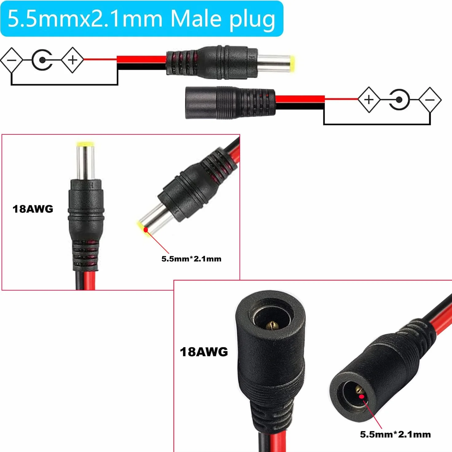 RUNCCI-YUN 20 sztuk 5,5 x 2,1 mm męski kabel do pigtail DC, 12 V, 5 A DC Pigtail Connector, 18 AWG, złącze 5,5 x 2,1 do kamery, CCTV, DVR, systemu LED