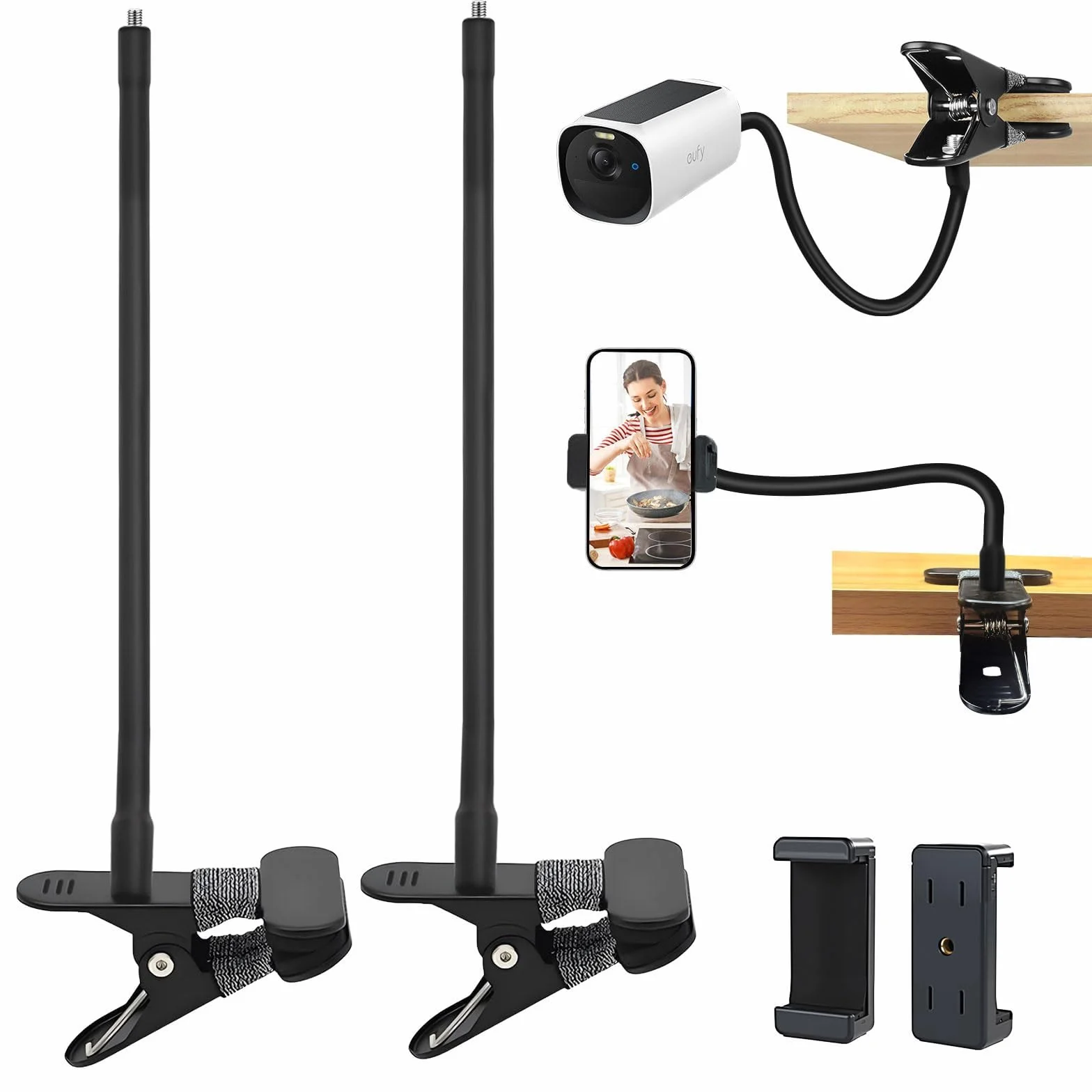 2 szt. Uchwyt na kamerę do Eufy Cam 2/2C/2Pro/2C Pro/3/3C/E40/SoloCam S220/C210/Tapo TP-Link C425, pierścień wewnętrzny z 2 klipsami do telefonu, uniwersalny metalowy uchwyt montażowy (czarny