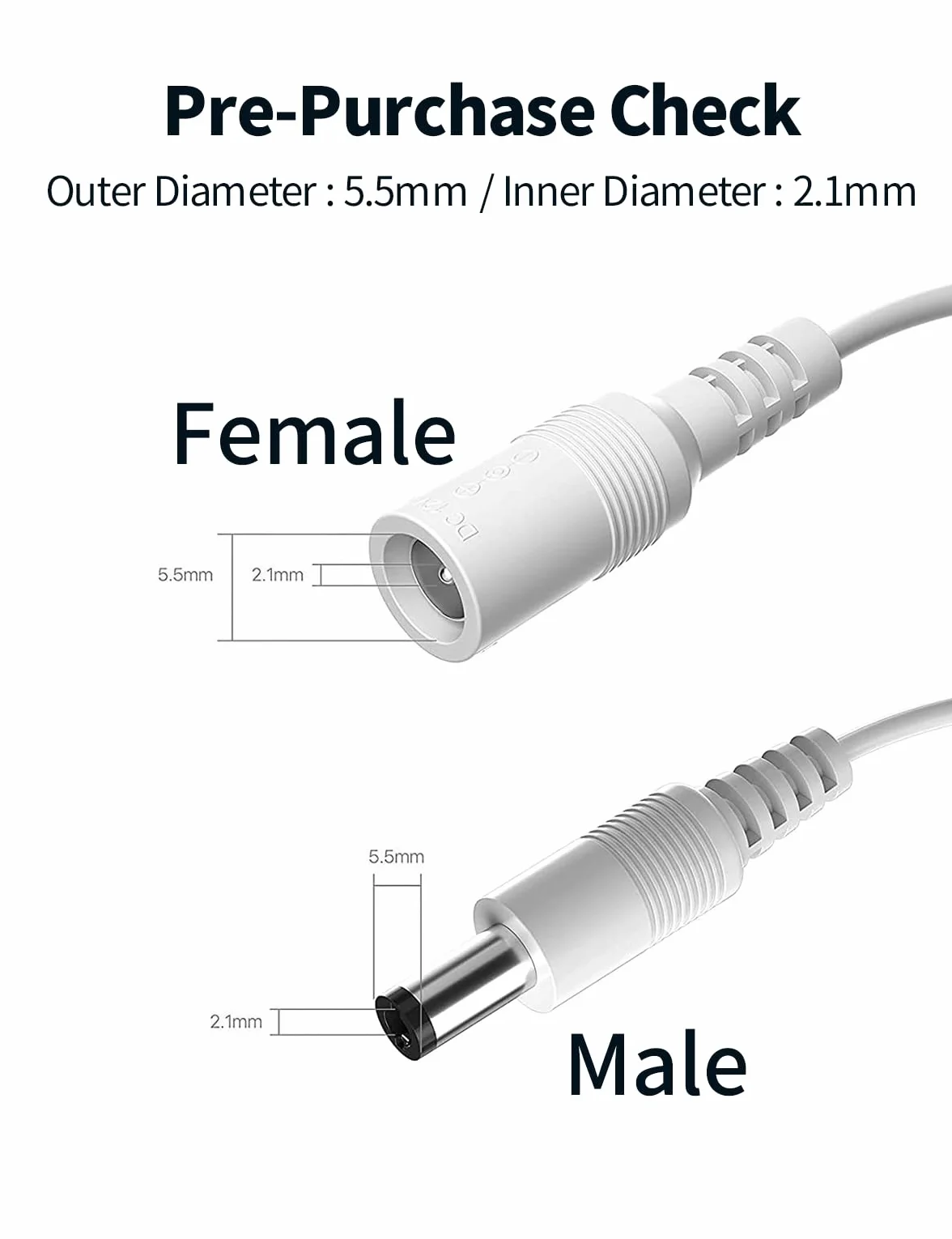 Tonton Przedłużacze 12V DC, kabel przedłużający 2,1 mm x 5,5 mm kompatybilny z zasilaczem lub ładowarką 12V DC do kamery bezpieczeństwa CCTV, kamery IP, 2Pack 5M (Biały)