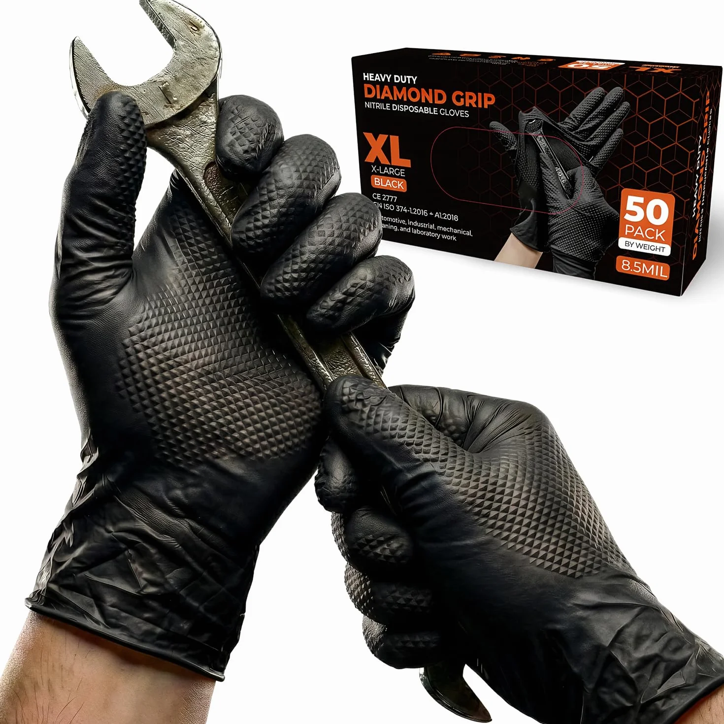 50 sztuk rękawic jednorazowych XL, Diamant Grip – czarne rękawiczki jednorazowe, bez pudru i lateksu, bardzo grube i mocne rękawice nitrylowe, do warsztatu, samochodu, przemysłu i laboratorium, 50