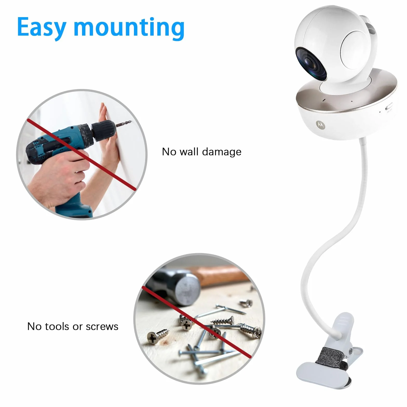 HOLACA Uniwersalny uchwyt do monitorowania niemowląt Arlo, GHB, HelloBaby, ieGeek, Momcozy, Motorola i + (1/10.2 cm) beznarzędziowy i bezśladowy klips montażowy biały