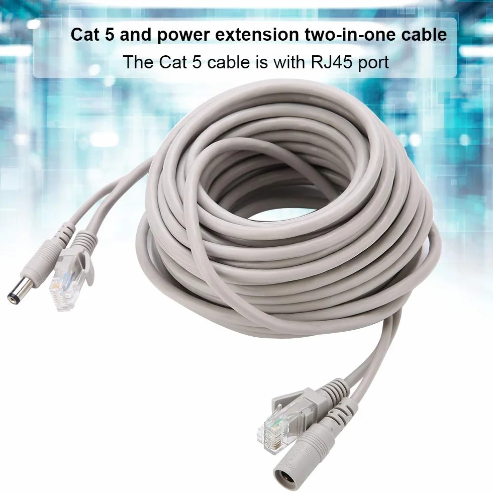 Kabel CCTV 5 m/10 m/15 m/20 m, kabel zasilający wideo AHD do systemu monitoringu CCTV, kabel kota do kamer IP, system NVR, 10 Mbit/s/100 Mbit/s (kolor: biały) (15 m)