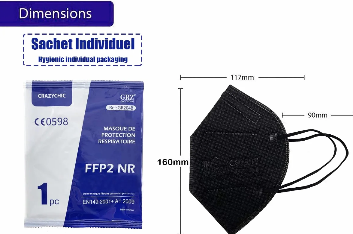 CRAZYCHIC - Maska FFP2 NR Czarna Certyfikowana CE EN149 - Maska Maseczka Ochrona Dróg Oddechowych - Wysoka Filtracja 5 Warstw - Hipoalergiczna - Indywidualne Opakowanie - Pudełko