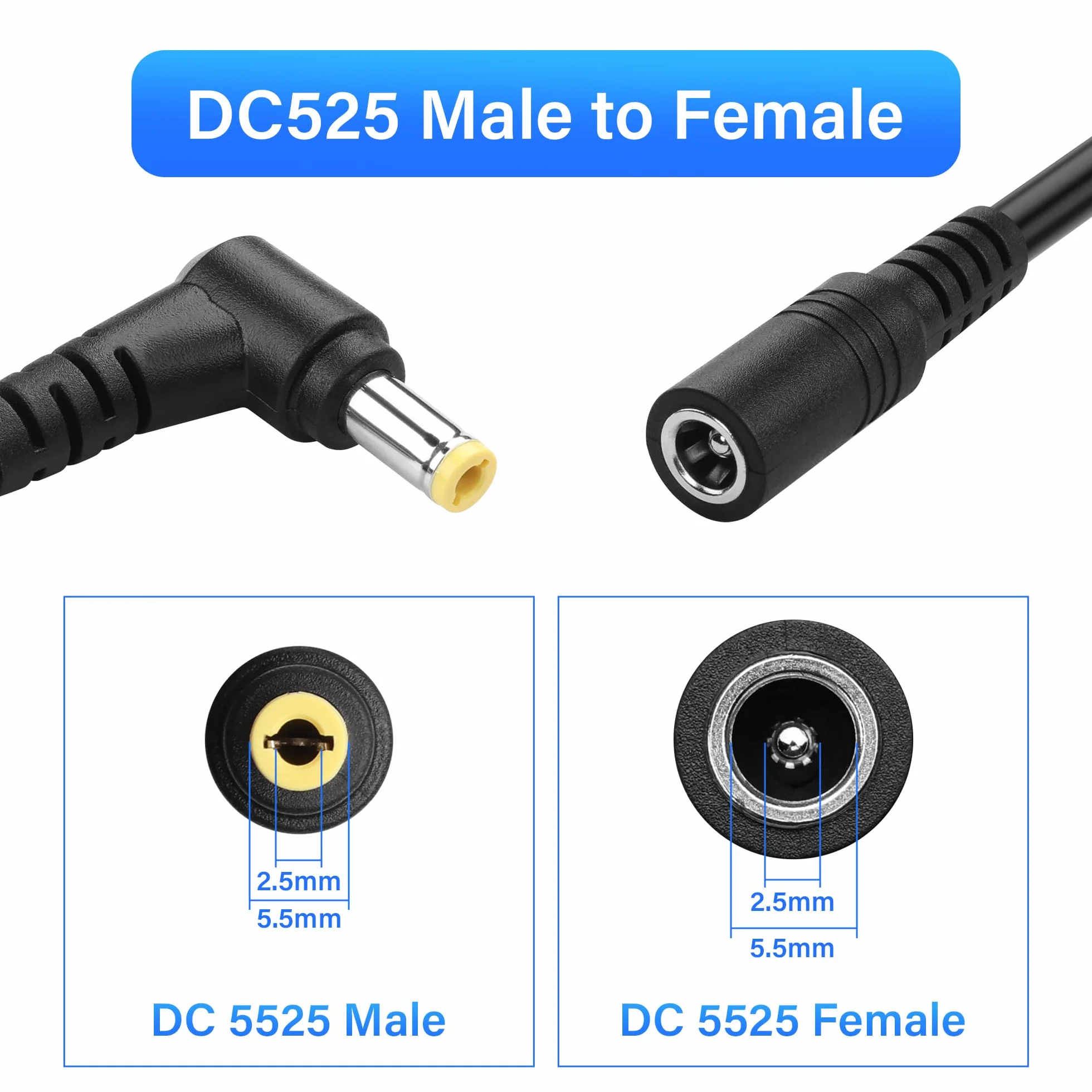 Przedłużacz zasilania DC 90 stopni, 0,3 m, 12 V, DC, 5,5 mm x 2,5 mm, męski na żeński, przedłużacz do kamer bezpieczeństwa CCTV, systemu nadzoru (2 sztuki) (5,5 x 2,5 mm)
