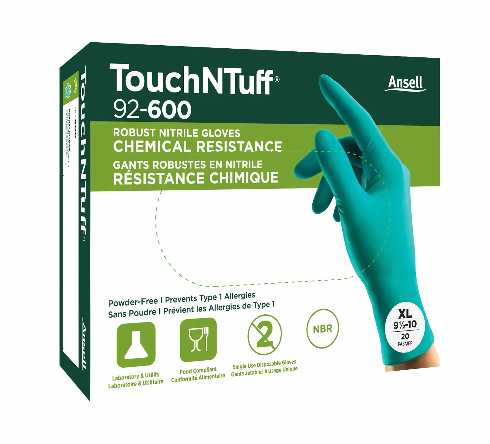 Ansell Touchntuff 92-600VP drobne i odporne rękawiczki jednorazowe nitrylowe, ochrona chemiczna i mechaniczna, przemysł spożywczy, unikalne użycie rękawiczek, bez lateks, zielony,L (20 rękawiczek)