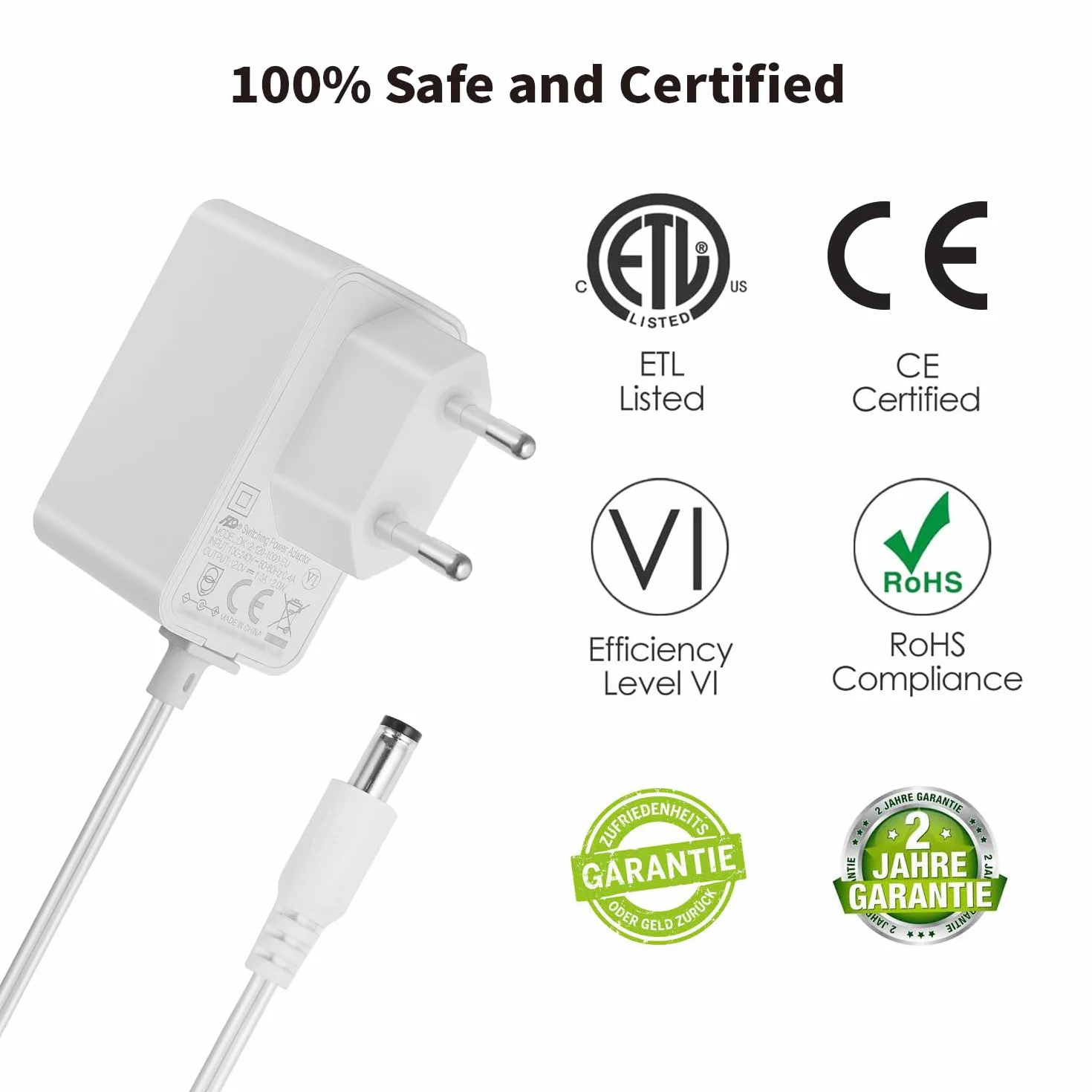 Lonnky Zasilacz Sieciowy 12V 1A z Kablem 3 m, Wtyczka DC 2,1 mm x 5,5 mm do Kamer IP, CCTV, Taśm LED, Urządzeń Audio/Wideo, Routerów, Biały