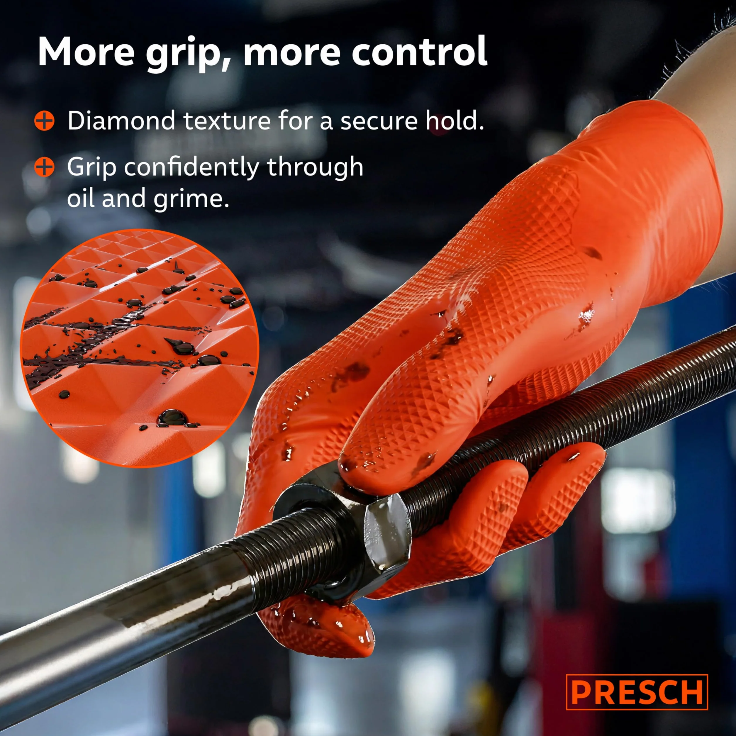 PRESCH Heavy Duty Rękawiczki jednorazowe Pomarańczowy 50szt. (M - 8) – Rękawice nitrylowe z diamentową strukturą dla dodatkowego chwytu – Bezlateks i bezpudrowe – Extra grube i odporne na rozdarcia
