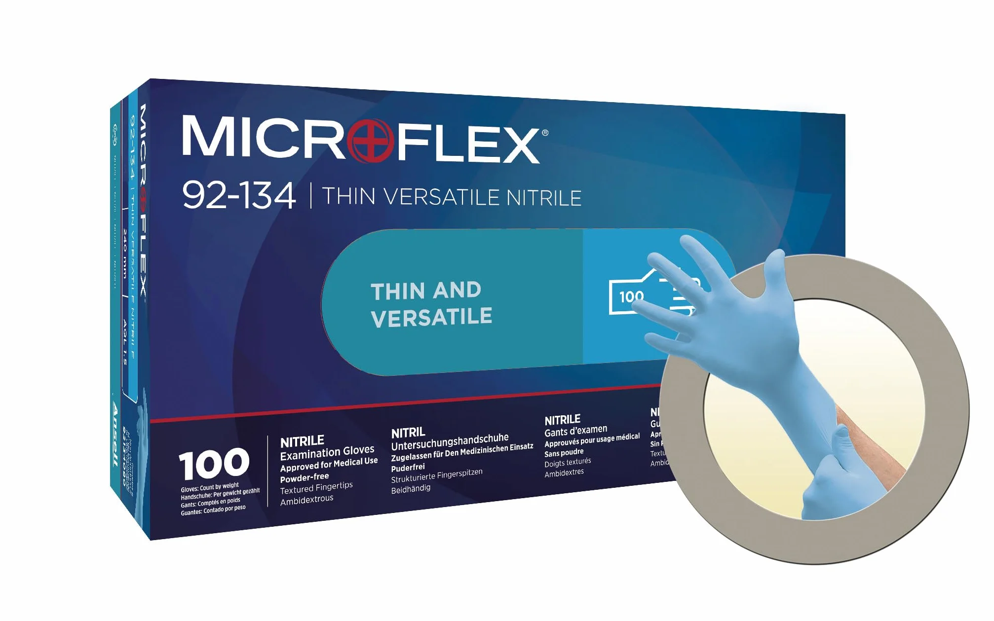 Ansell Microflex 92-134 Profesjonalne rękawice jednorazowe z nitrylu, Bezlateksowe, Bezpudrowe, Z certyfikatem spożywczym, Ochrona chemiczna i mechaniczna, Uniwersalne, Niebieskie, Rozmiar M (100 szt)