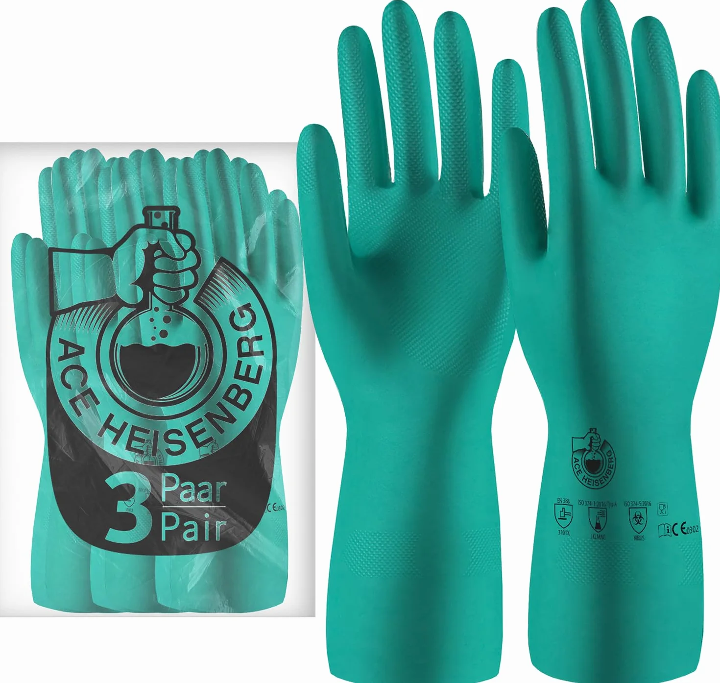 ACE Heisenberg rękawice nitrylowe - 3 pary - odporne na chemikalia do prac domowych i przemysłowych - bezlateksowe, wodoodporne, do czyszczenia i mycia naczyń - EN 388/374-1/374-5 - L