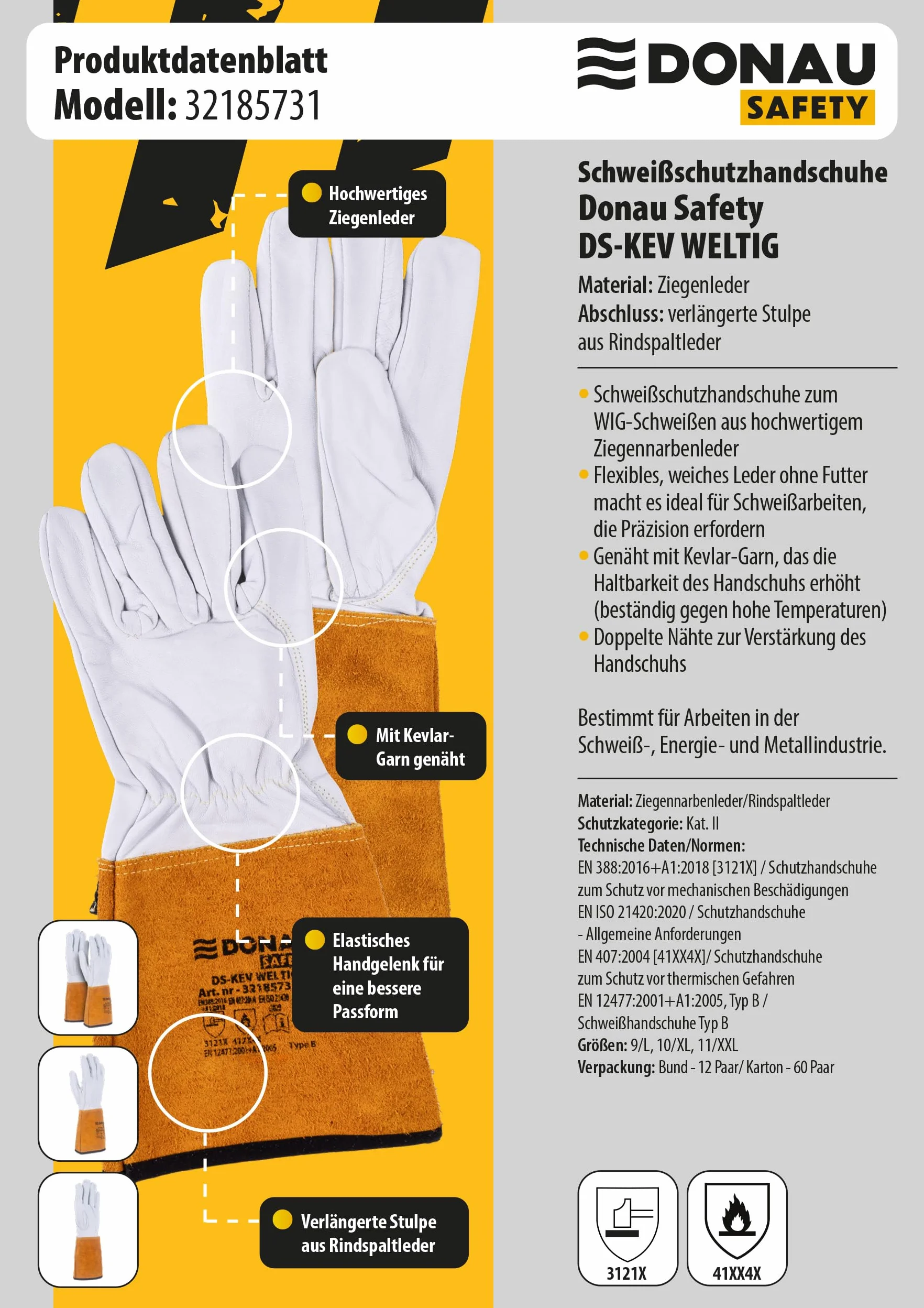 DONAU SAFETY Rękawica spawalnicza ze skóry koziej do spawania TIG/Kevlar/rozmiar 10/XL, 1 para/Softouch, bardzo miękkie i przyjemne rękawice robocze, skórzane/rękawice ochronne