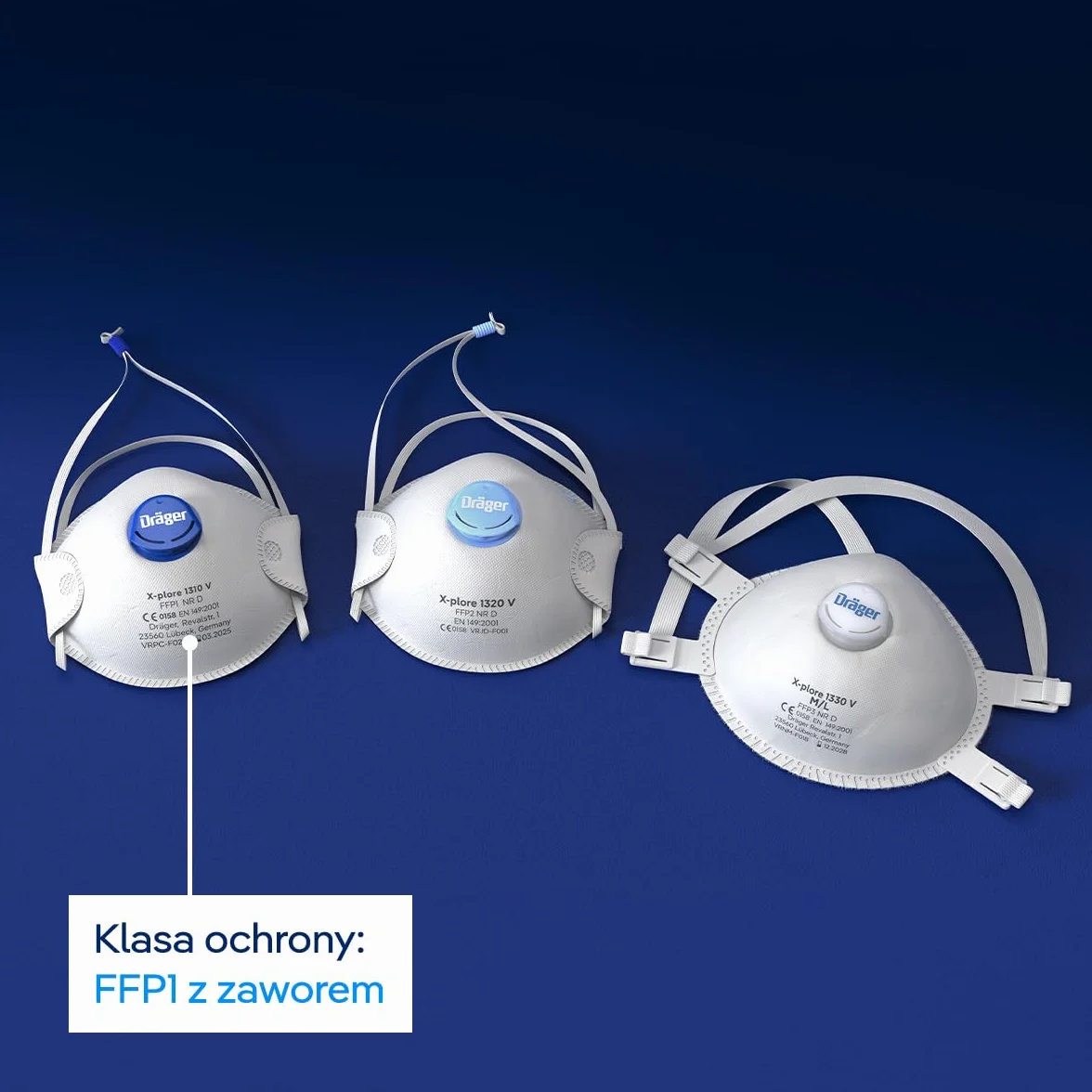 Dräger X-plore 1310 V FFP1 maska oddechowa z zaworem, jednorazowa maska przeciwpyłowa przeciwko nietoksycznym pyłom i cząsteczkom dymu, rozmiar uniwersalny, 3 sztuki