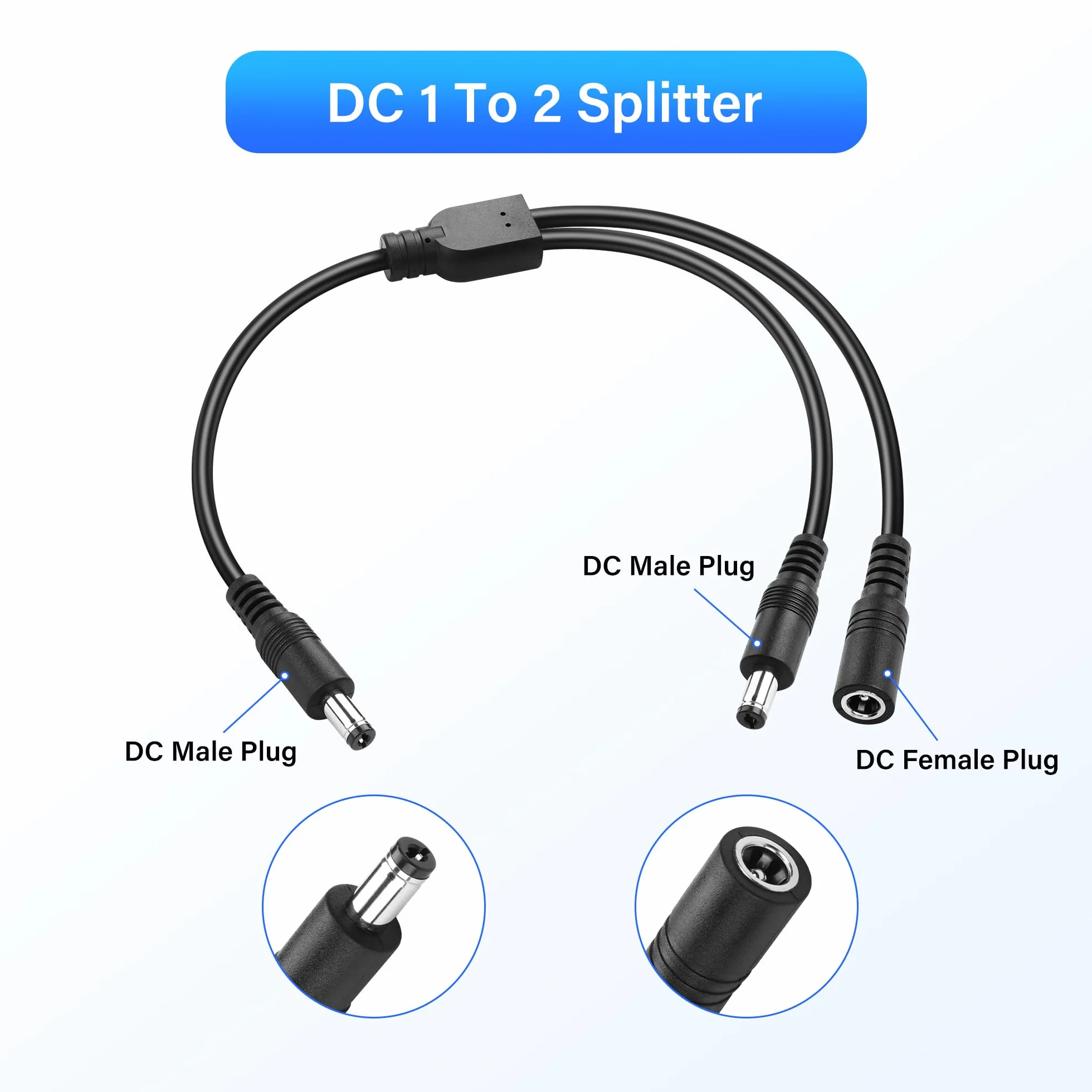 Kabel rozdzielający Y DC 5,5 x 2,1 mm 1 do 2-drożny kabel rozdzielający 1 wtyczka do 1 wtyczki i 1 gniazda, do kamer CCTV DVR, paski świetlne LED 30 cm (2 sztuki)