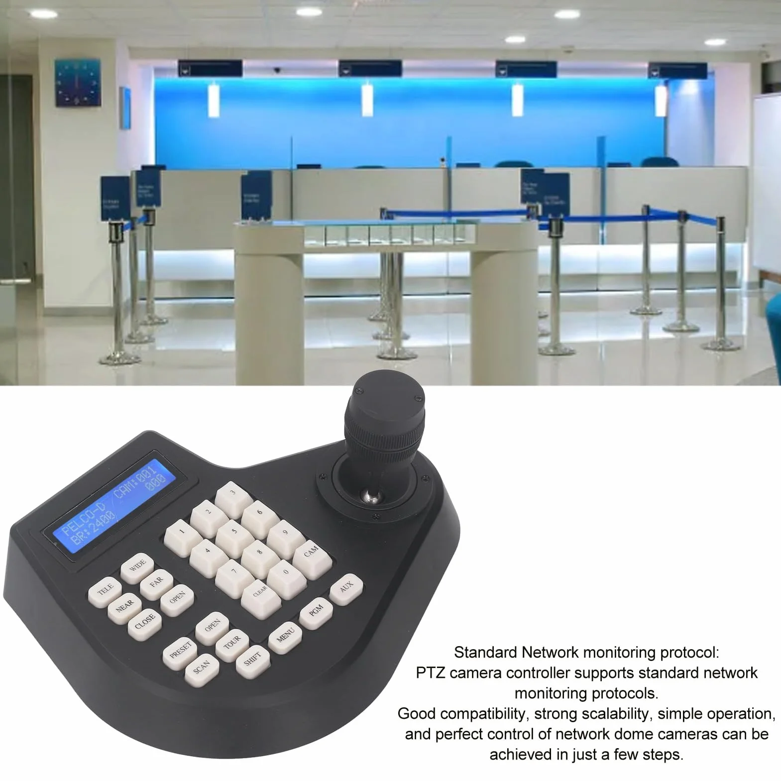 Walfront Mini Analogowa Kamera PTZ Klawiatura Analogowa Koncentryczna Kamera Kopułkowa Kontroler z Joystickiem 2D Magistrala Wyświetlacz LCD Szerokie Zastosowanie 100–240 V (Wtyczka UE od 100 do