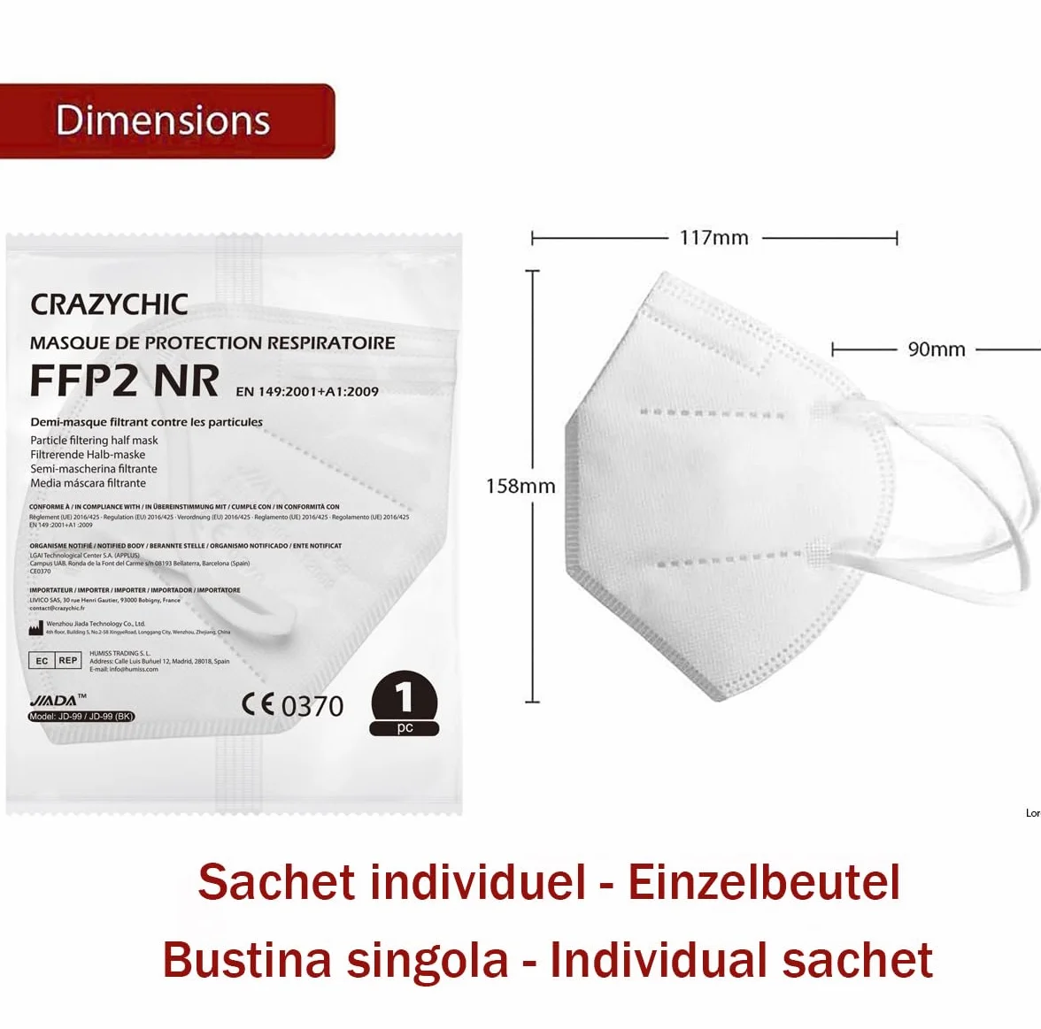 CRAZYCHIC - 10X Maska FFP2 NR Biała Certyfikowana CE EN149 - Maseczka Ochrona Dróg Oddechowych - Wysoka Filtracja 5 Warstw - Hipoalergiczna - Indywidualne Opakowanie - Pudełko 10 Szt.