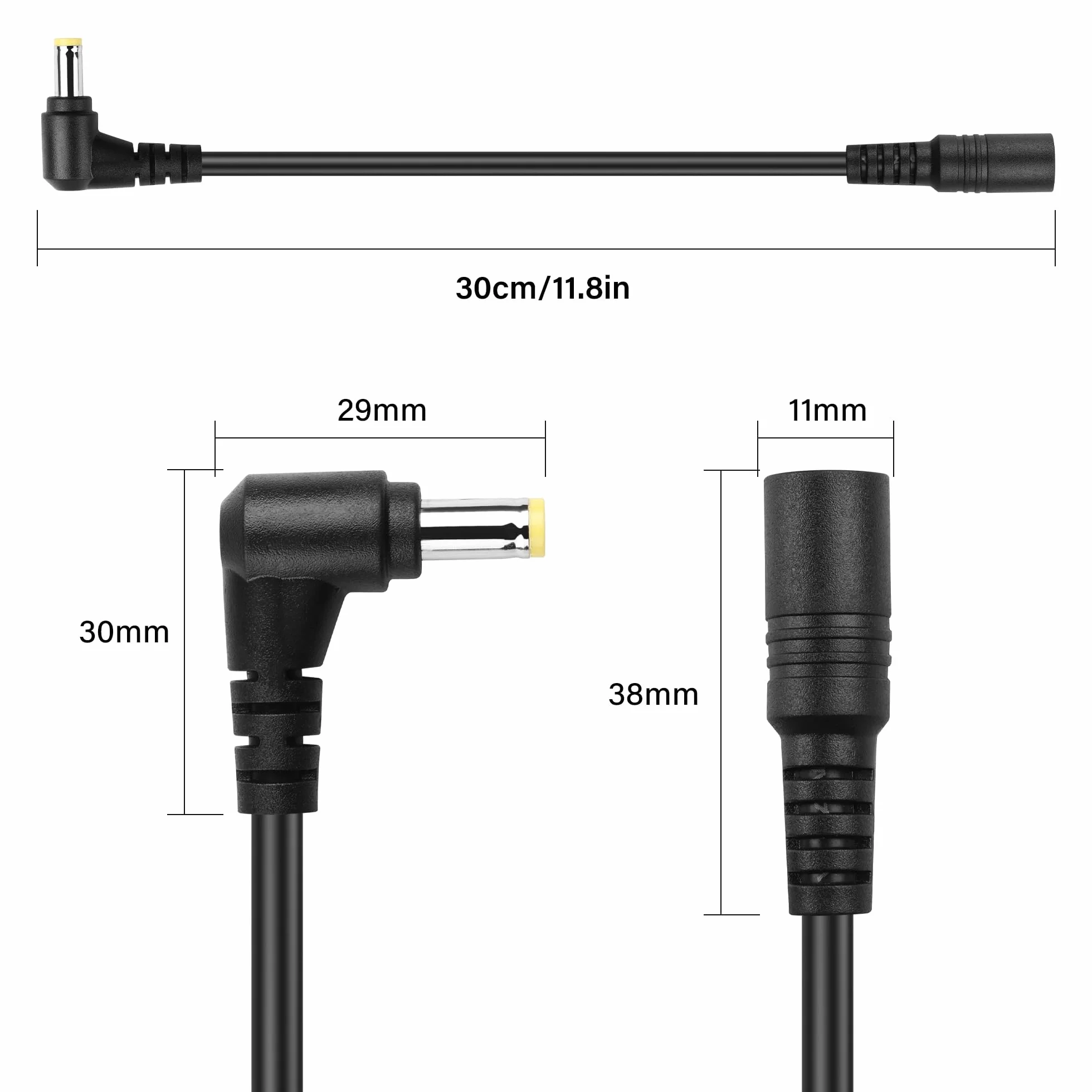 Przedłużacz zasilania DC 90 stopni, 0,3 m, 12 V, DC, 5,5 mm x 2,5 mm, męski na żeński, przedłużacz do kamer bezpieczeństwa CCTV, systemu nadzoru (2 sztuki) (5,5 x 2,5 mm)