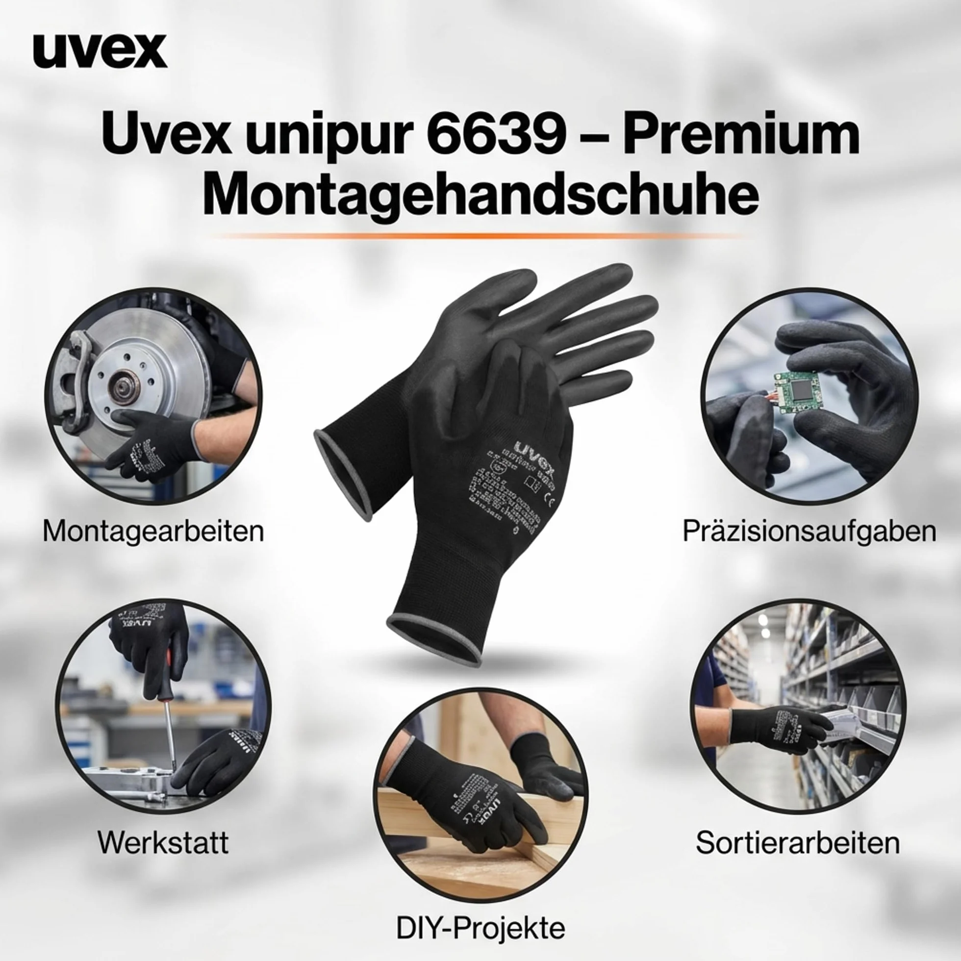 10 par rękawic roboczych Uvex Unipur 6639 z powłoką PU - mechaniczne rękawice ochronne EN 388 - Taille 09/L
