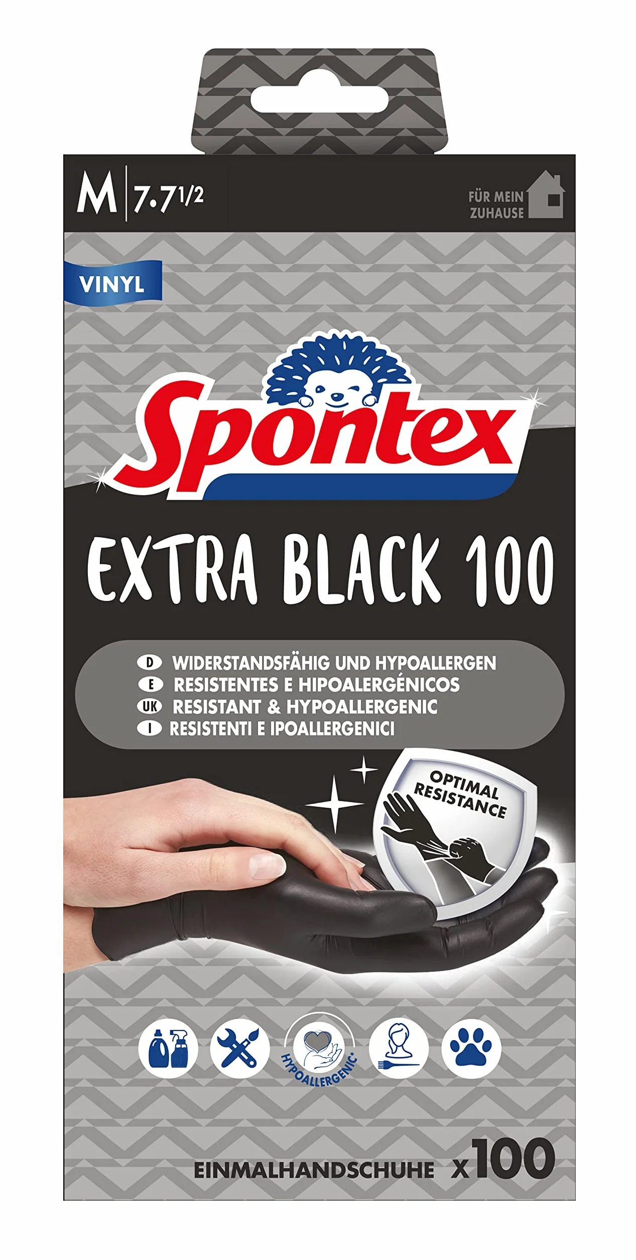 SPONTEX Extra Black jednorazowe rękawiczki z winylu, niepudrowane i nie zawierają lateksu, wszechstronne zastosowanie, w praktycznym pudełku, rozmiar M, opakowanie 100 sztuk, czarne