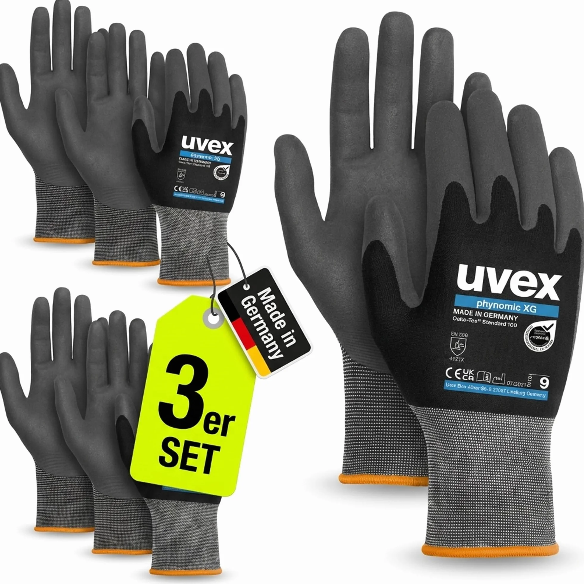 Uvex 3 pary rękawic roboczych phynomic XG - Rękawice ochronne do pracy - EN 388 - Szare/czarne - 11/2XL