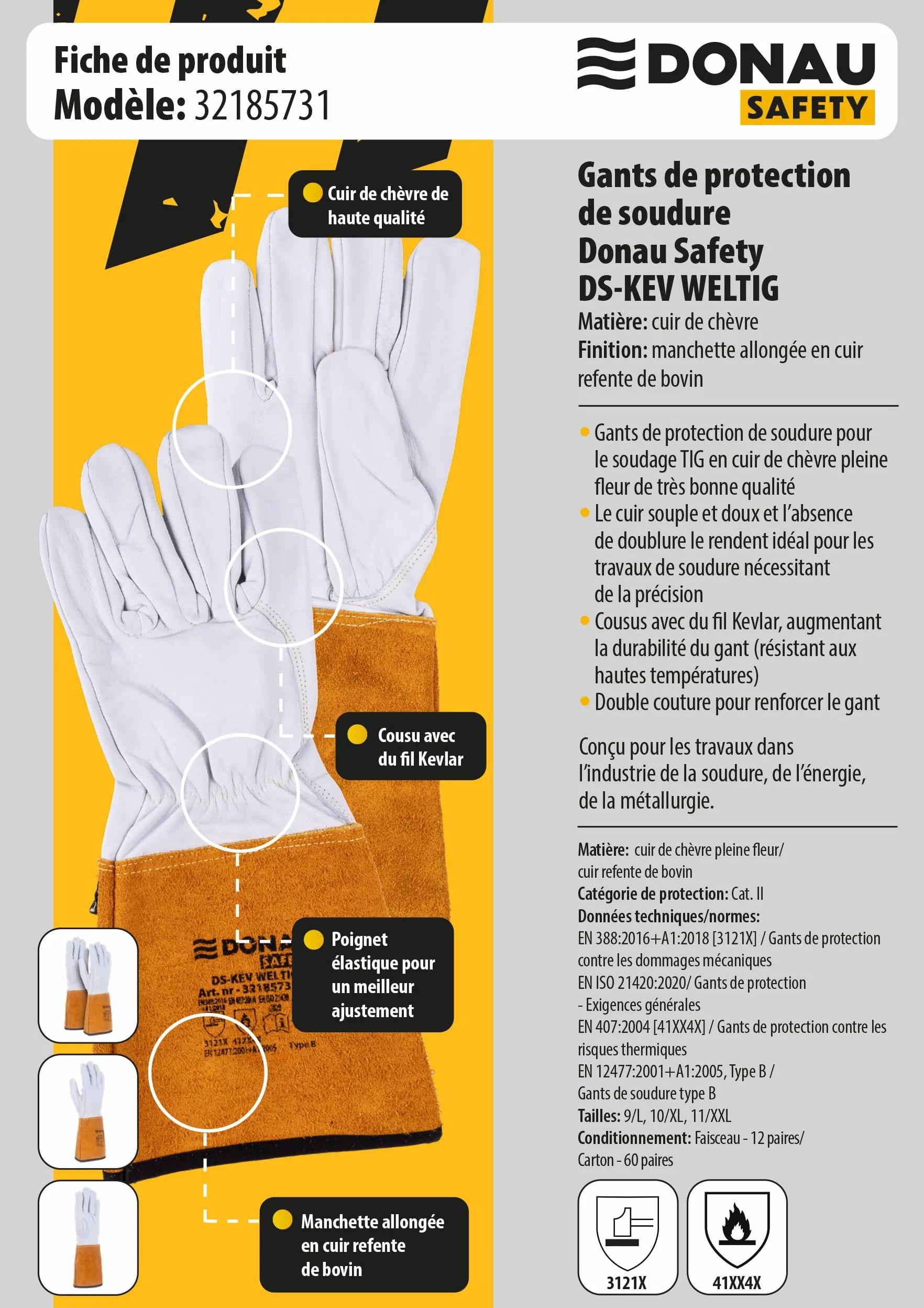 DONAU SAFETY Rękawica spawalnicza ze skóry koziej do spawania TIG/Kevlar/rozmiar 10/XL, 1 para/Softouch, bardzo miękkie i przyjemne rękawice robocze, skórzane/rękawice ochronne