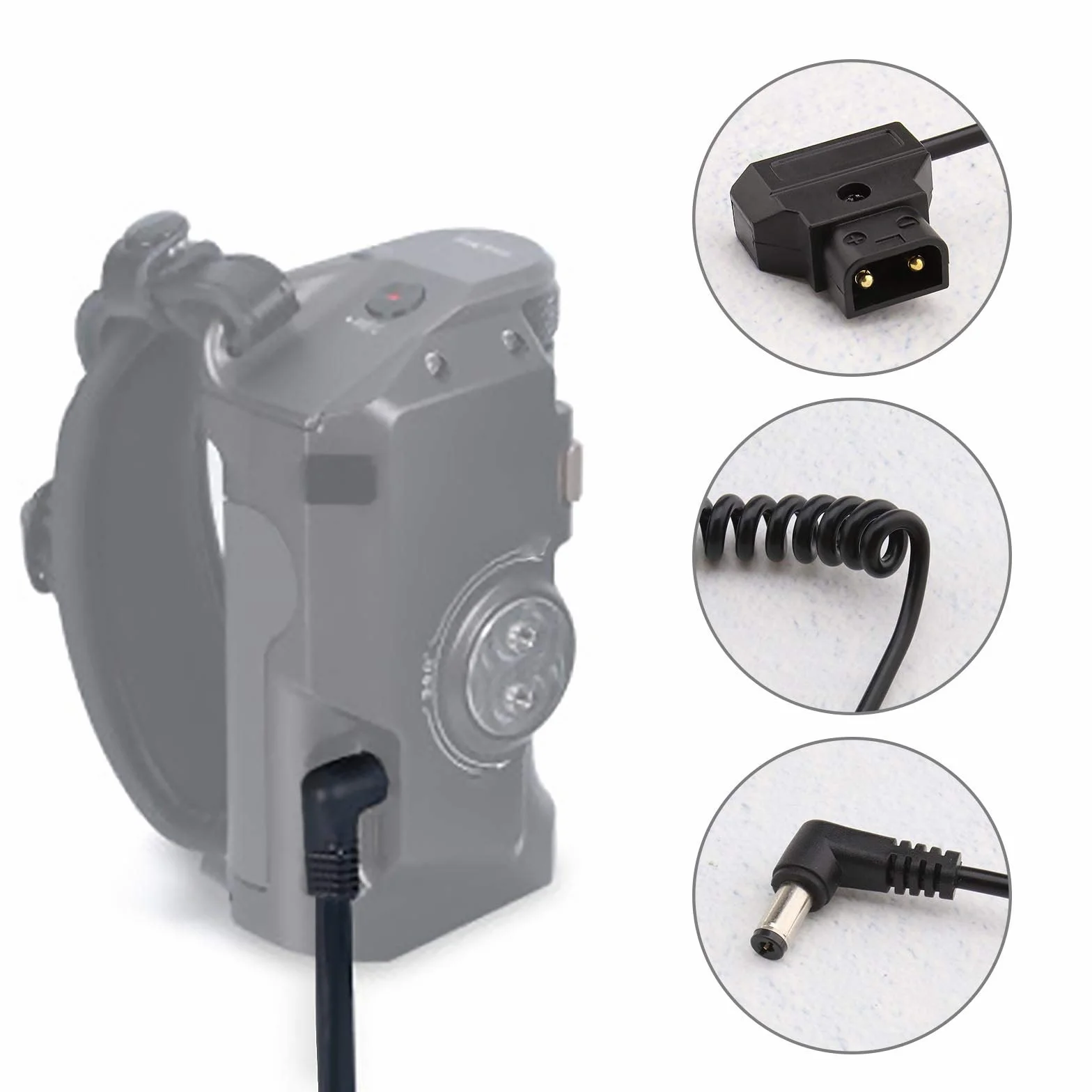 D-TAP 2-biegunowy męski na DC 5,5 x 2,1 mm złącze kątowe spirala kabel zasilający 50 cm do aparatu cyfrowego BMCC BMPCC 4K czarny