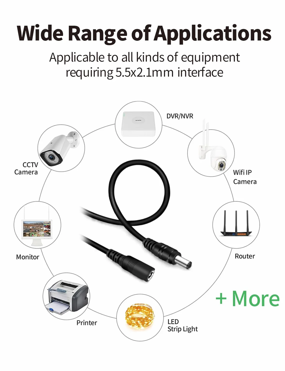 Tonton Kabel przedłużający DC 2 m 5,5 mm x 2,1 mm, 12 V kabel przyłączeniowy DC/DC kabel przedłużający do kamer CCTV, taśma LED, złącze do zasilacza, czarny, 2 m (1 opakowanie)