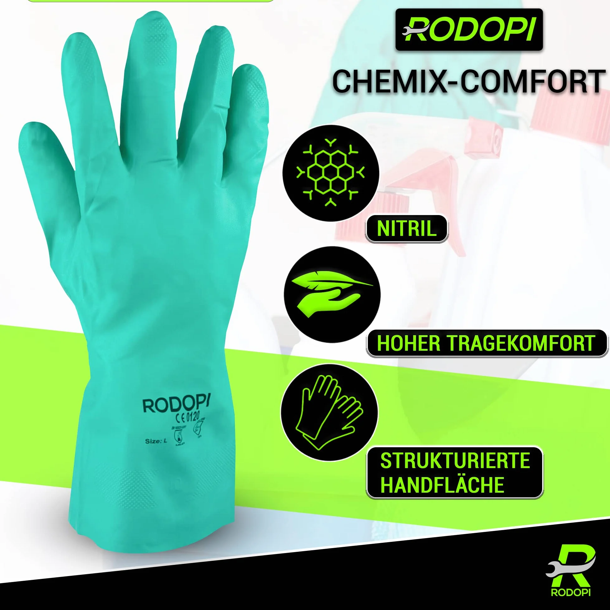 RODOPI CHEMIX-Comfort rękawice gumowe dla mężczyzn i kobiet, rękawice do sprzątania z nitrylu, rękawice ochronne z chemikaliami EN ISO 374-1:2016, typ A (3 pary, 10)